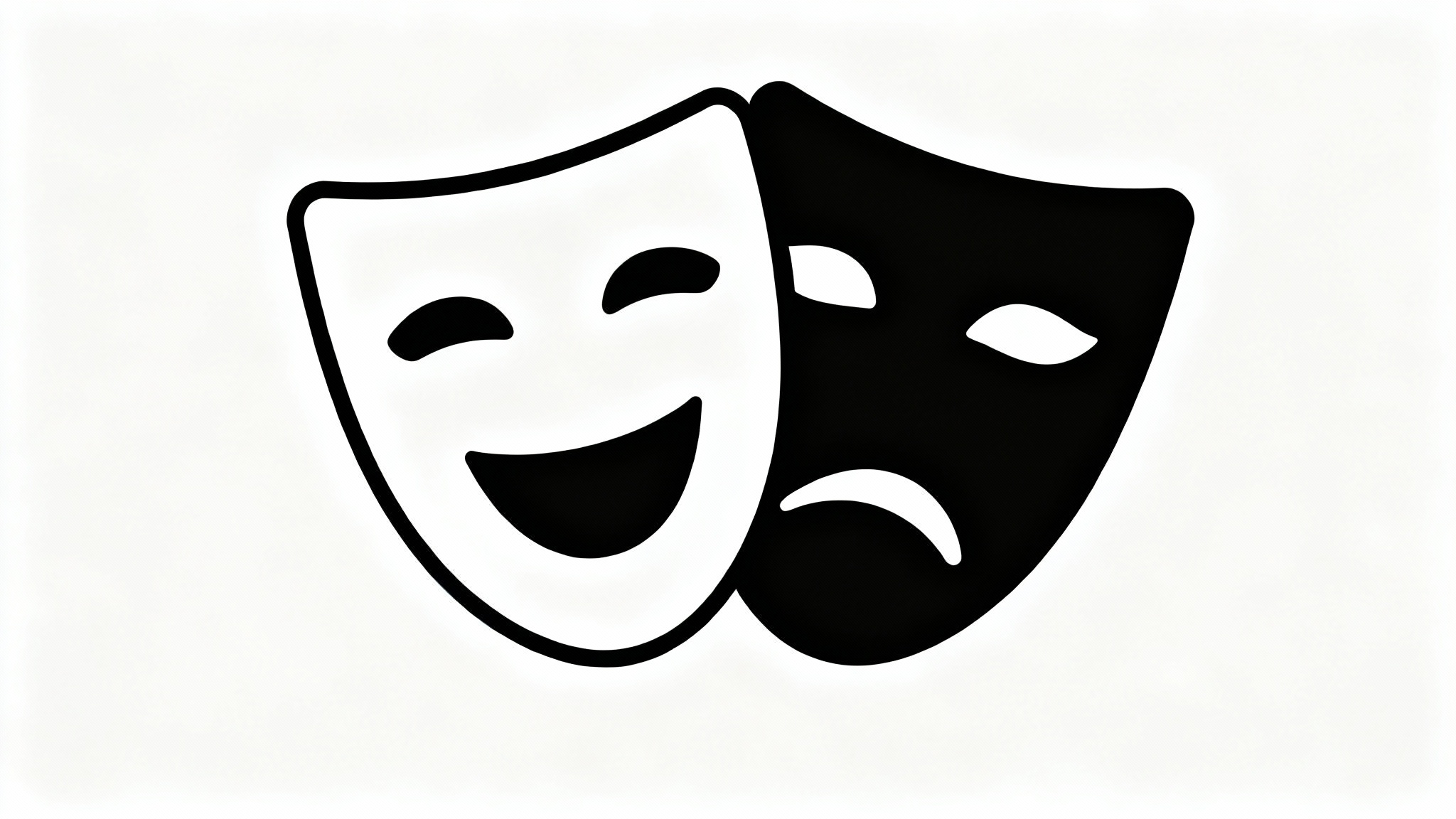 A clipart illustration of the classic theater masks. The white, smiling comedy mask is next to the black, frowning tragedy mask, on a plain white background.