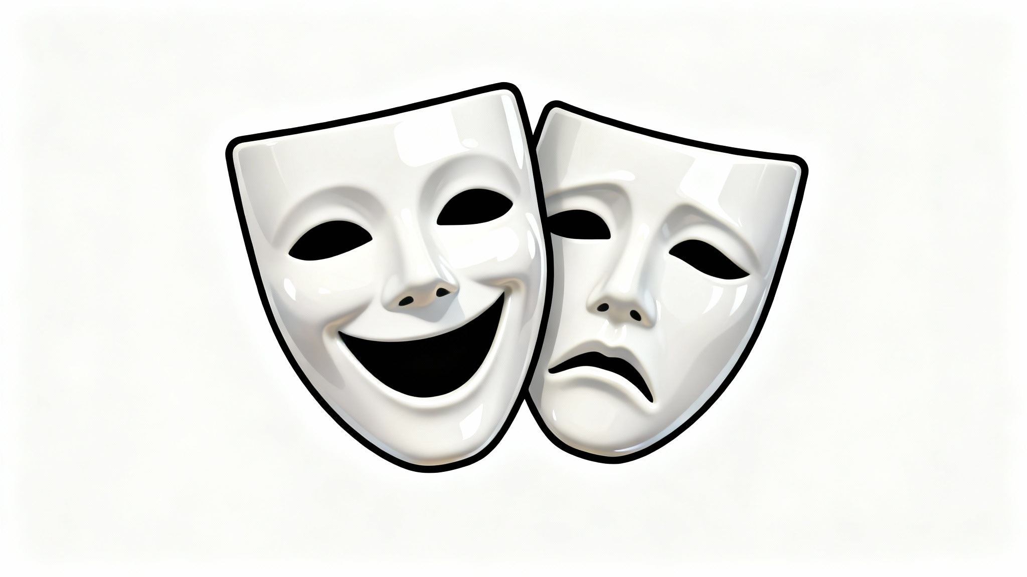 A digital clipart illustration of the traditional comedy and tragedy theater masks, one smiling and one frowning, set against a plain white background.