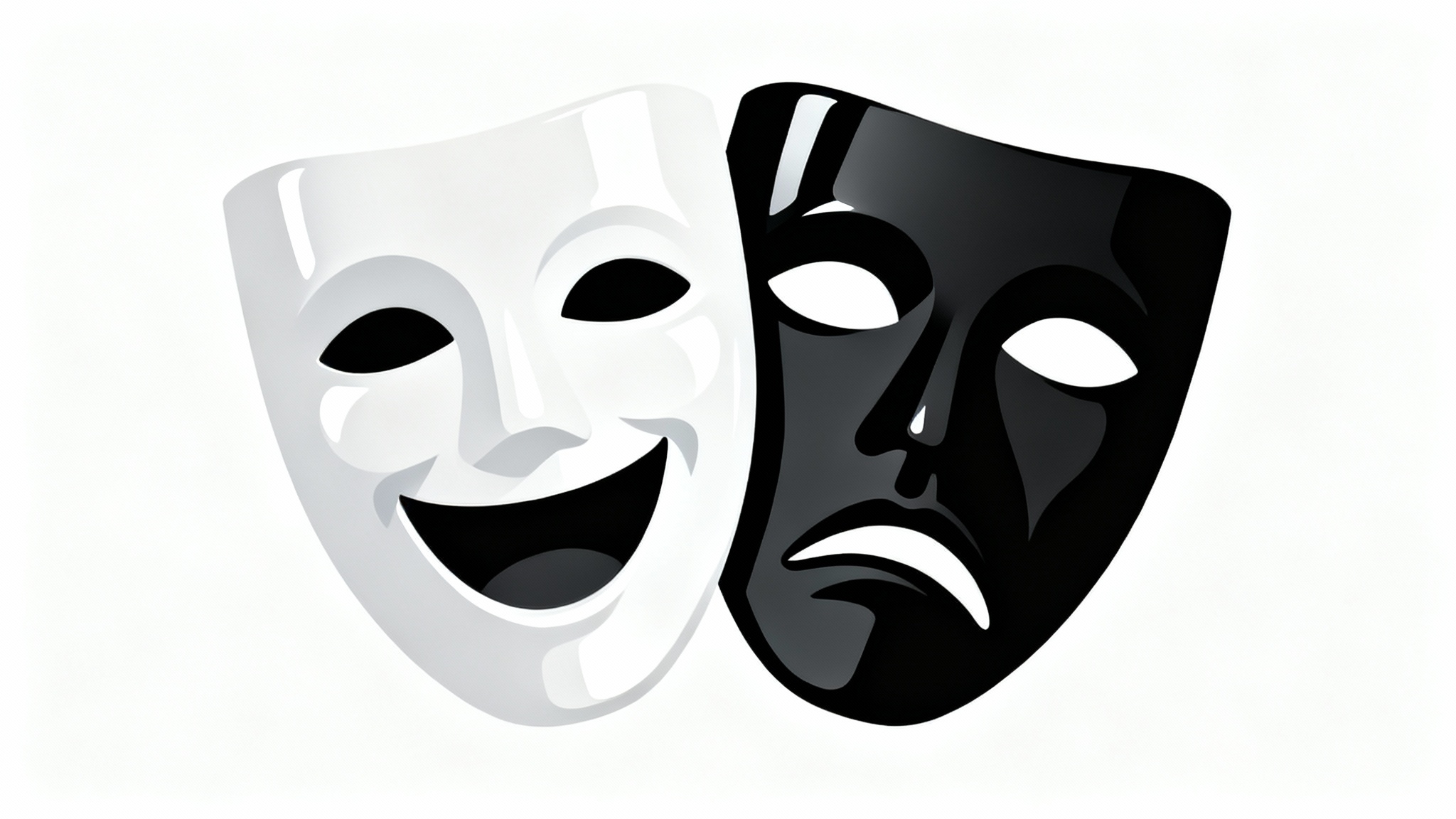 A clean clipart illustration of the classic white comedy mask and black tragedy mask, positioned side-by-side on a plain white background, symbolizing theater.