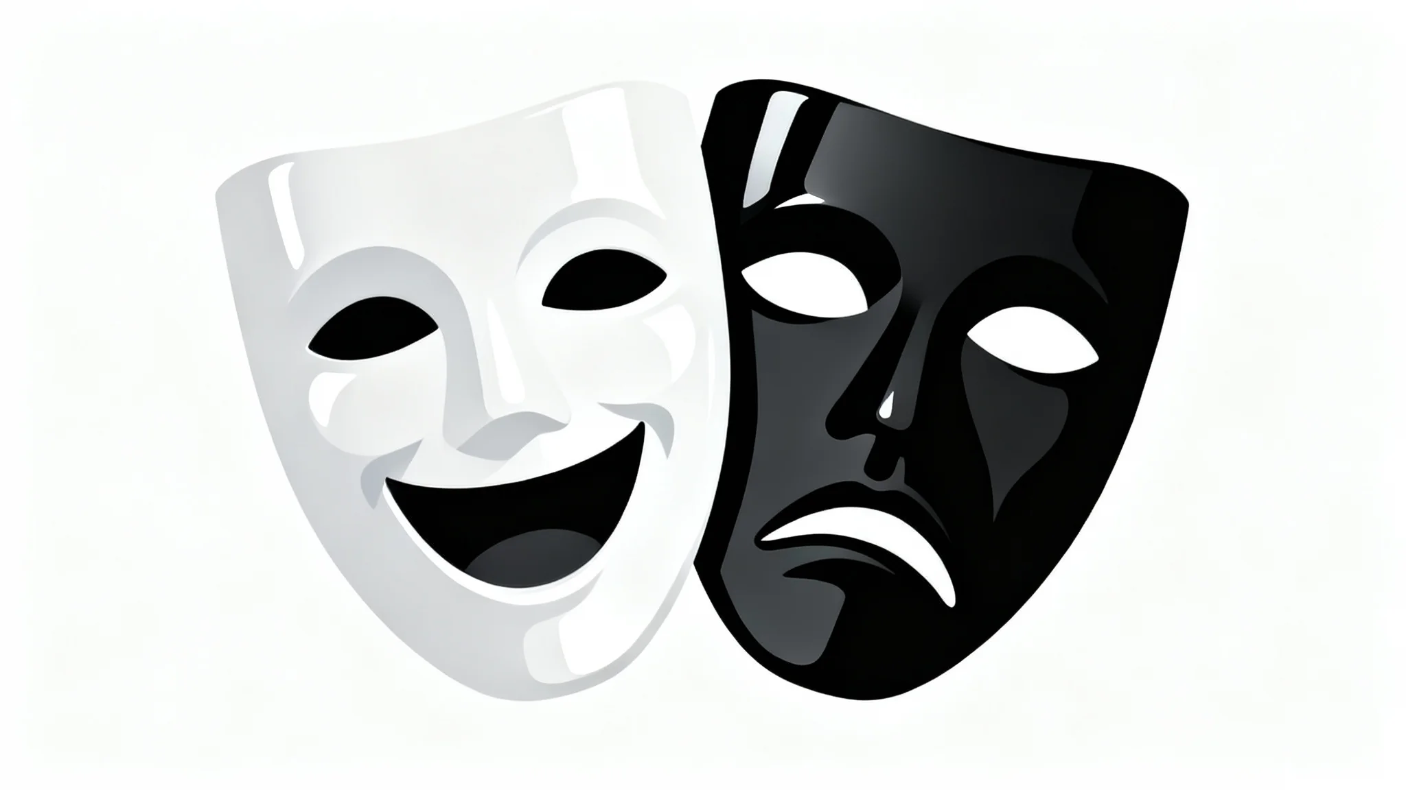 A clean clipart illustration of the classic white comedy mask and black tragedy mask, positioned side-by-side on a plain white background, symbolizing theater.