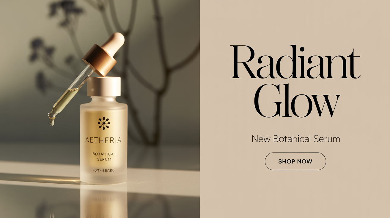 A professionally designed product banner showing a luxury botanical serum, with text that reads 'Radiant Glow' and a 'Shop Now' button.