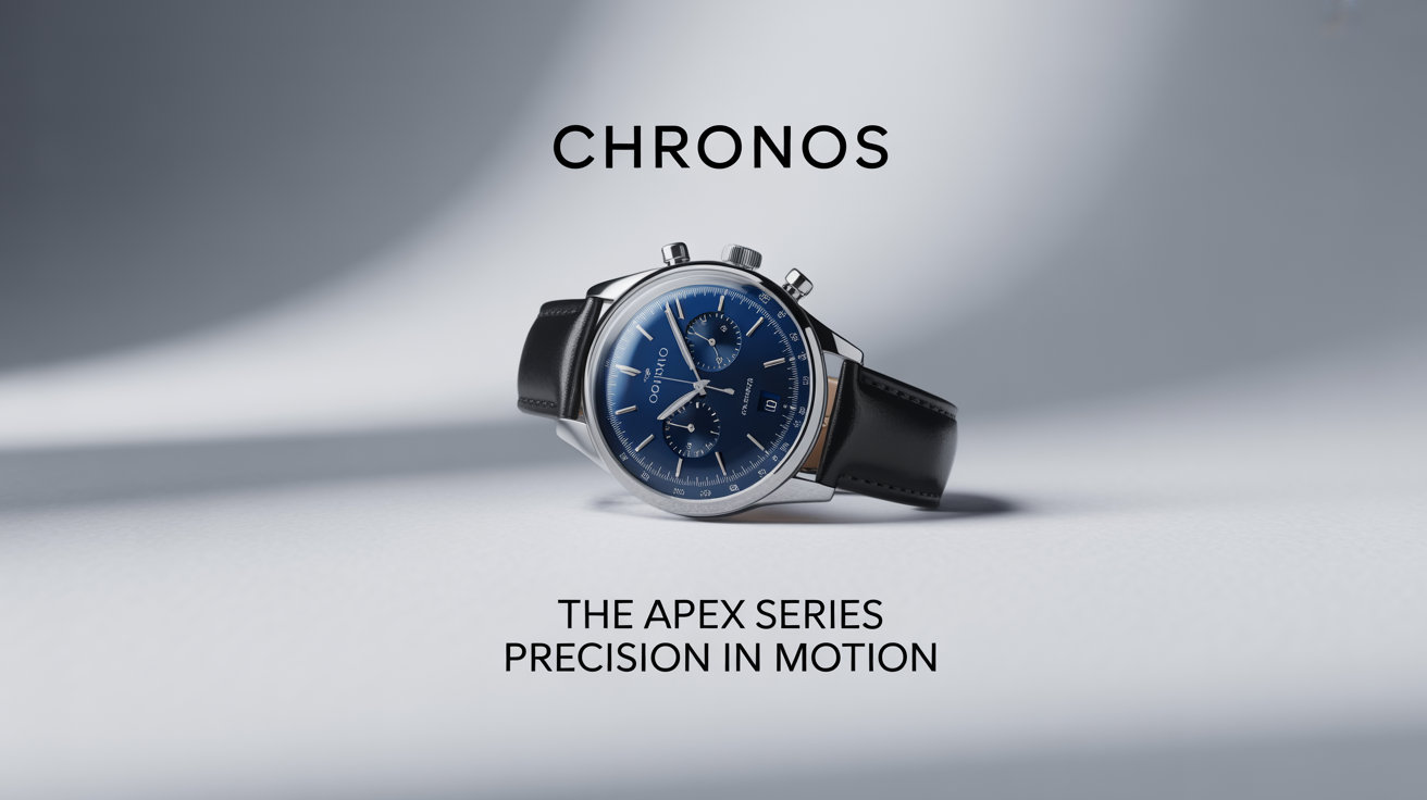 A product banner mockup for a luxury watch brand named 'CHRONOS', featuring a stainless steel watch with a blue face against a light gray gradient background.