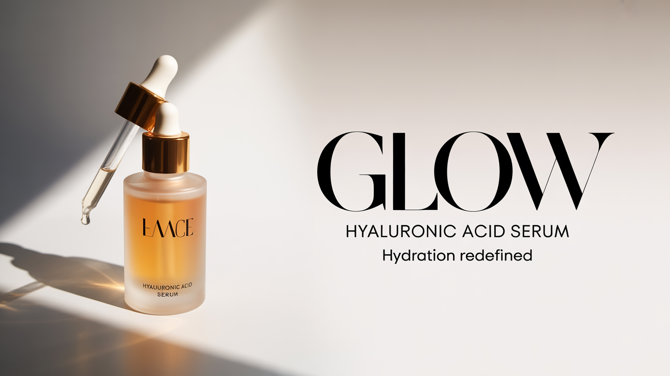 A minimalist and luxurious product banner for a 'GLOW' brand hyaluronic acid serum. The banner shows the product bottle on the left and text on the right that reads 'Hydration Redefined'.
