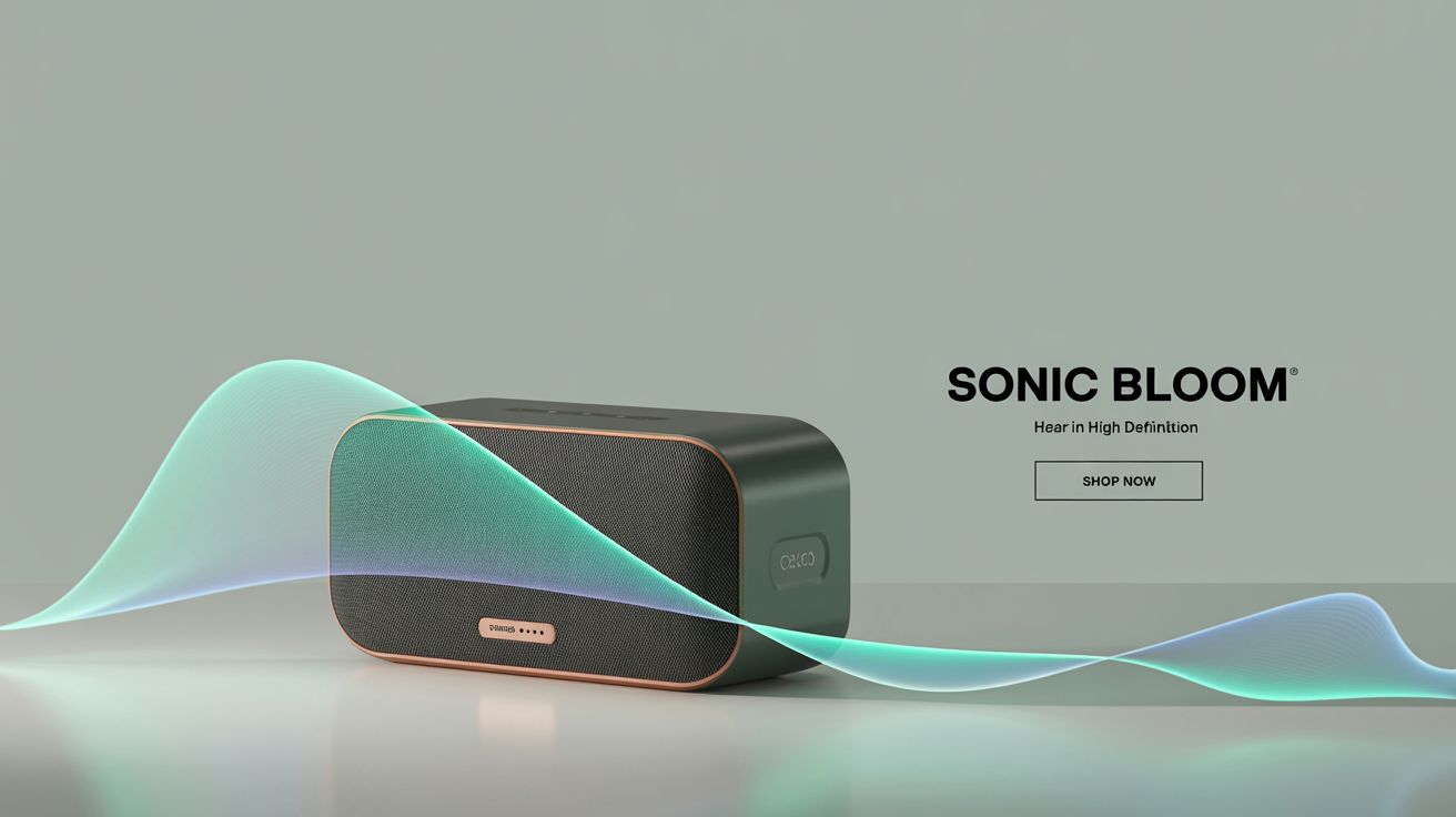 A minimalist product banner mockup featuring a sleek, charcoal-colored wireless speaker named 'SONIC BLOOM' with the tagline 'HEAR IN HIGH DEFINITION' against a light gray background.