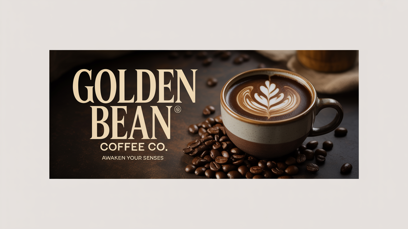 A sophisticated product banner for 'Golden Bean Coffee Co.' featuring the tagline 'Awaken Your Senses' in gold text on a dark brown background, with an overhead shot of a coffee mug and roasted beans.