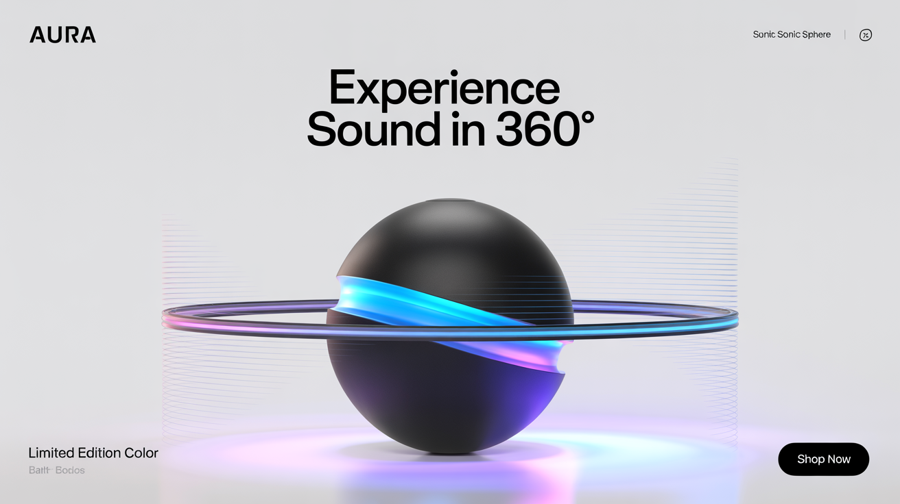 Product banner for the 'AURA SONIC SPHERE' wireless speaker. The banner shows the sleek, black spherical speaker on a white background with purple and blue light effects, and text promoting 'Experience Sound in 360°'.