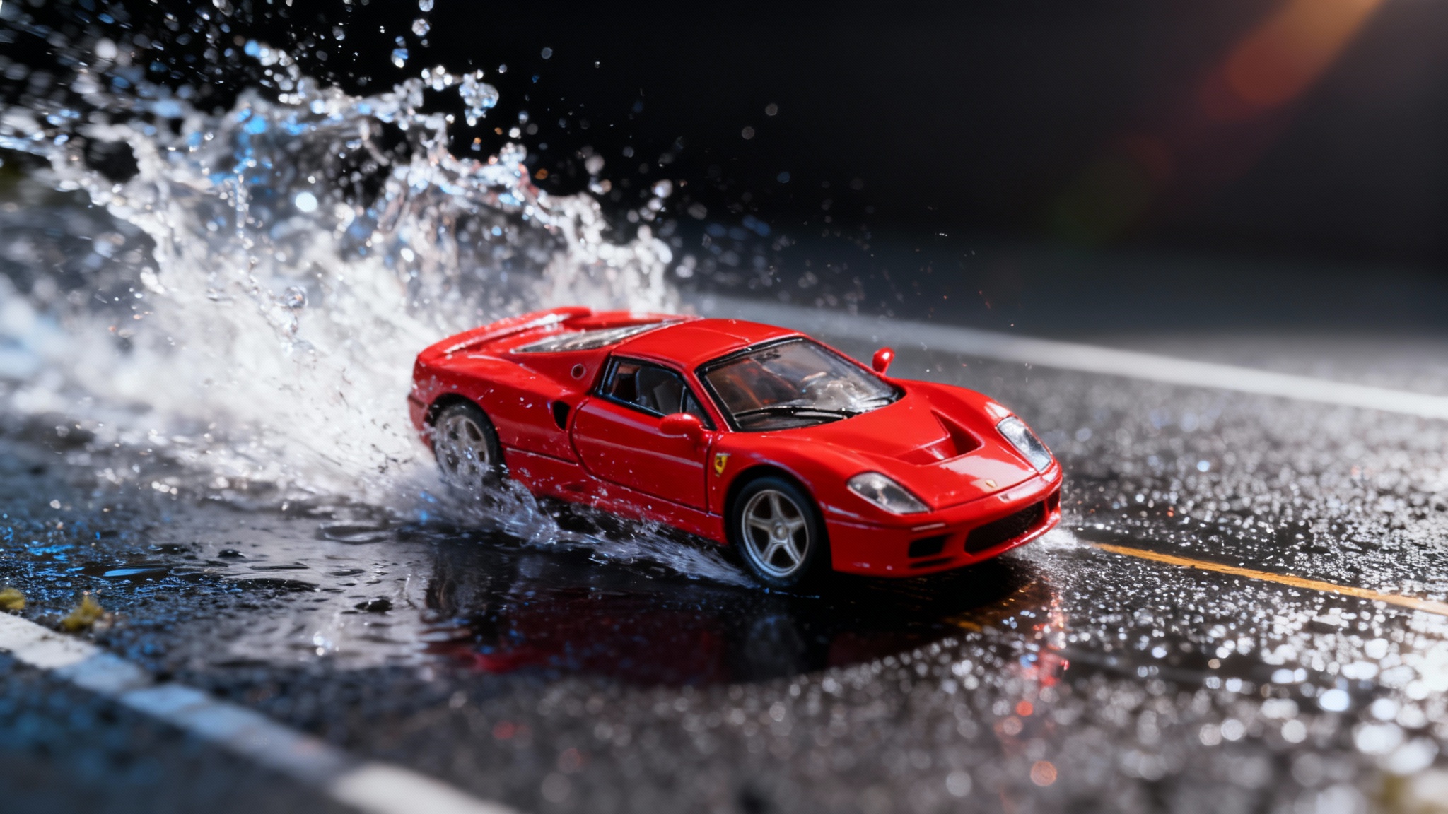 A professionally edited, dynamic hero image of a red toy sports car, appearing to speed through a puddle with water splashing, showcasing vibrant colors and hyper-realistic detail against a dark background.
