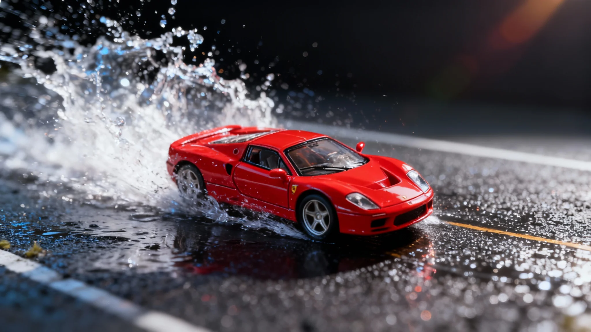 A professionally edited, dynamic hero image of a red toy sports car, appearing to speed through a puddle with water splashing, showcasing vibrant colors and hyper-realistic detail against a dark background.