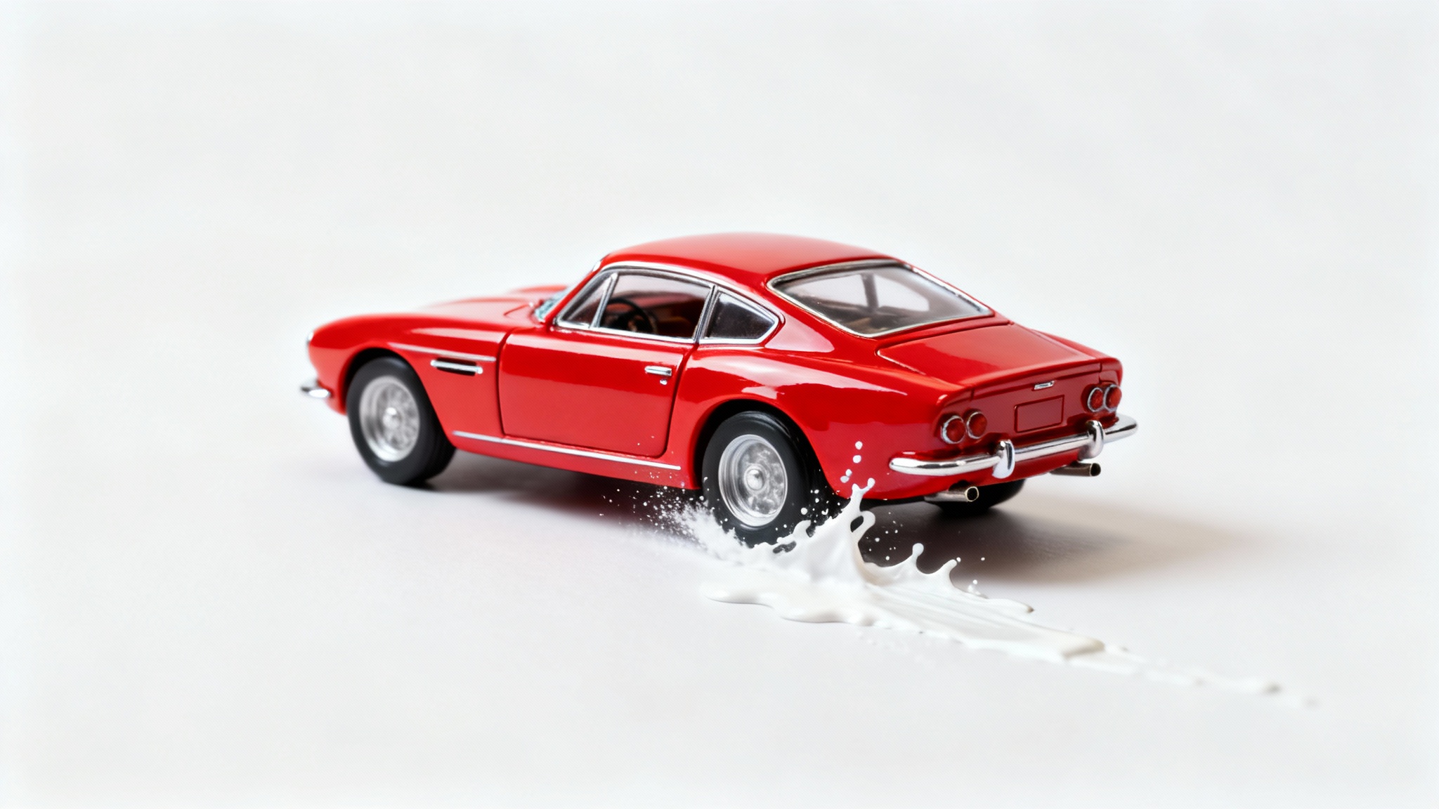 A professionally edited photo of a red toy sports car splashing white paint against a clean white background, showcasing photo editing capabilities.