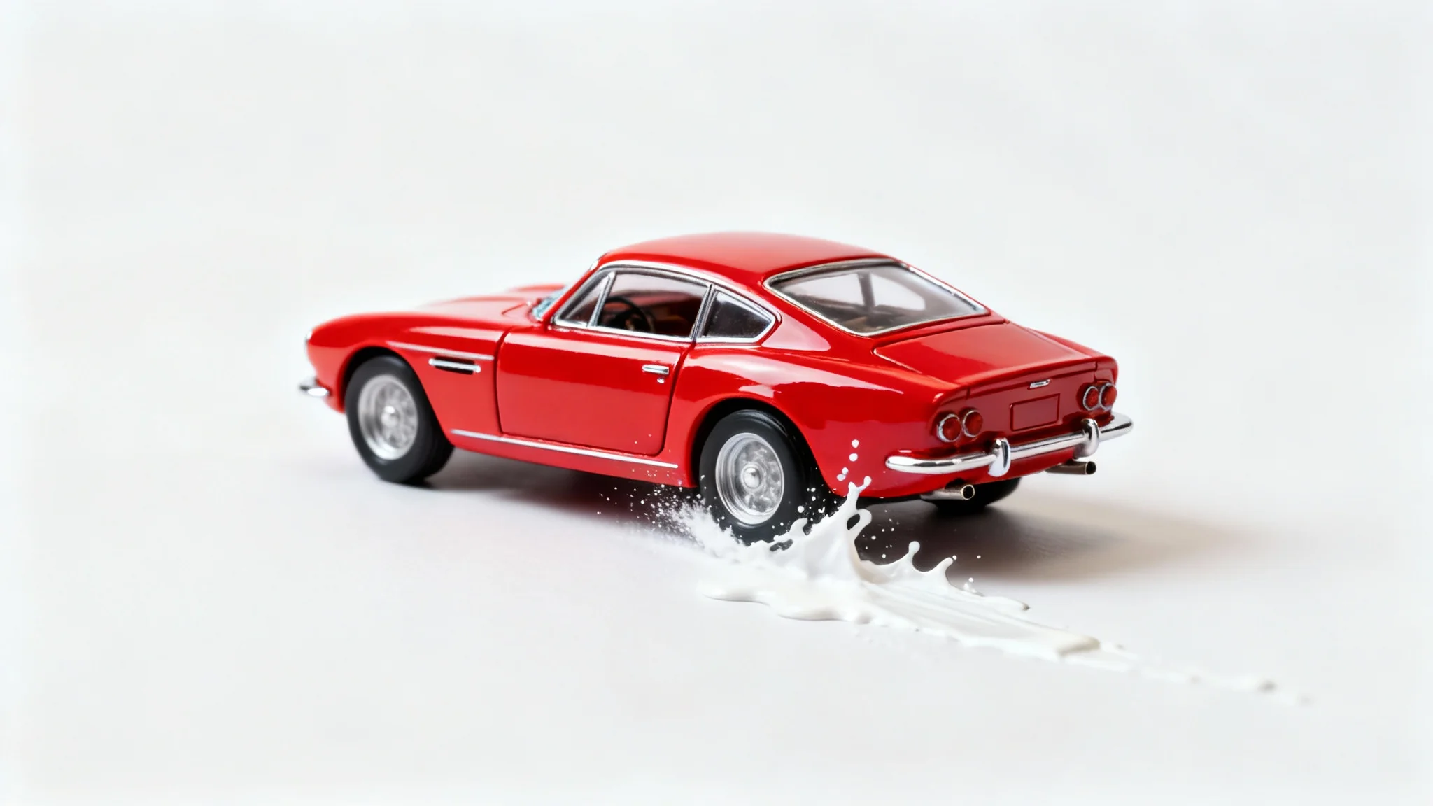 A professionally edited photo of a red toy sports car splashing white paint against a clean white background, showcasing photo editing capabilities.
