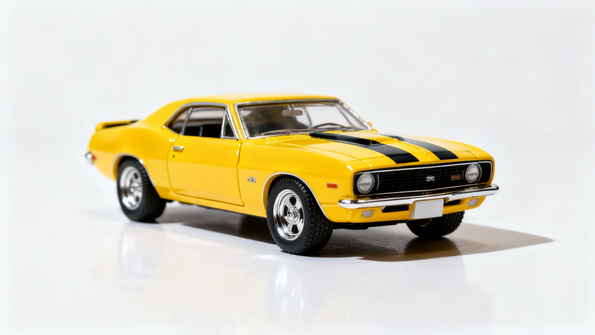 A professional, photorealistic studio shot of a yellow toy muscle car with black stripes, set against a clean white background to showcase the quality of photo editing.