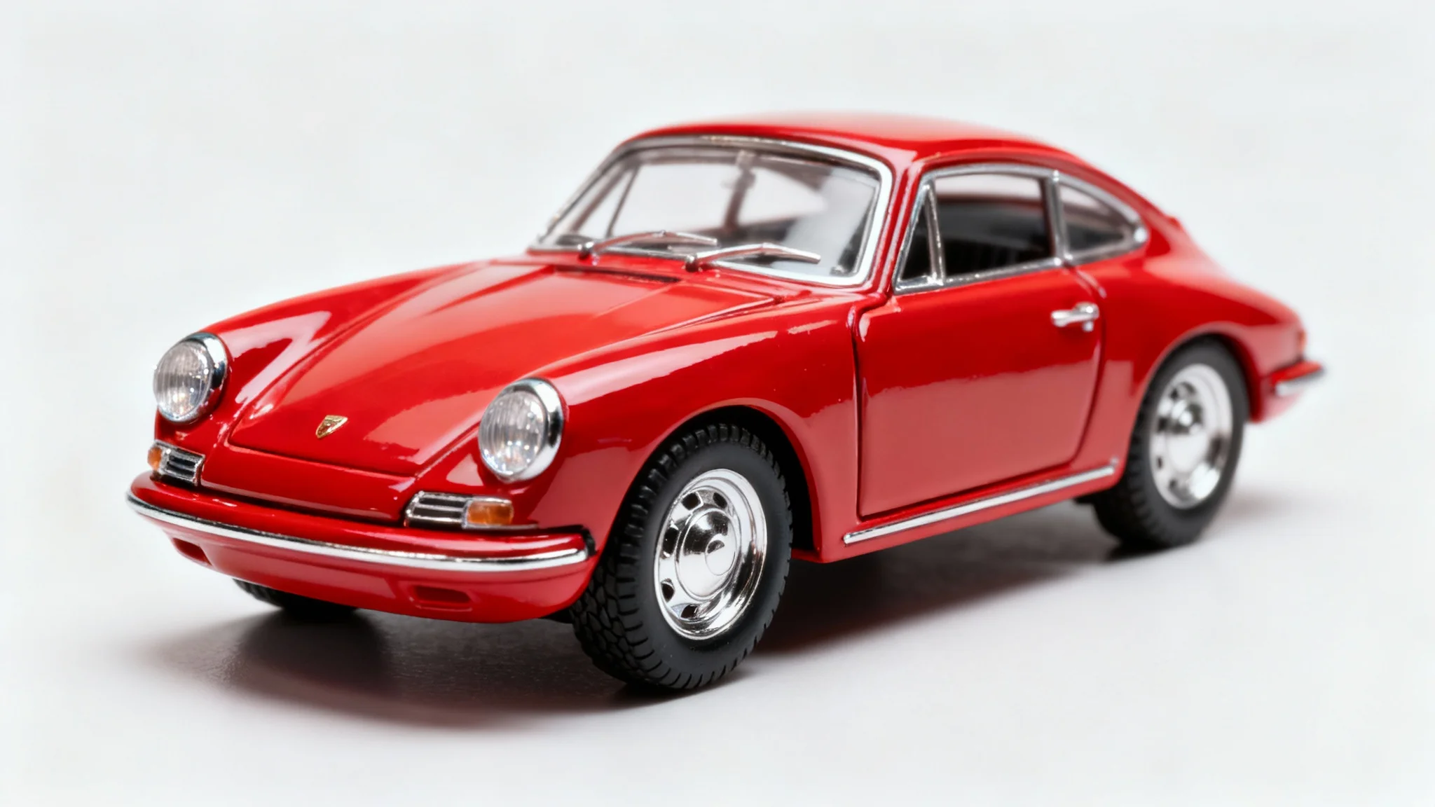 A professionally edited studio photograph of a vintage red toy car on a clean white background, highlighting its glossy paint and sharp details.
