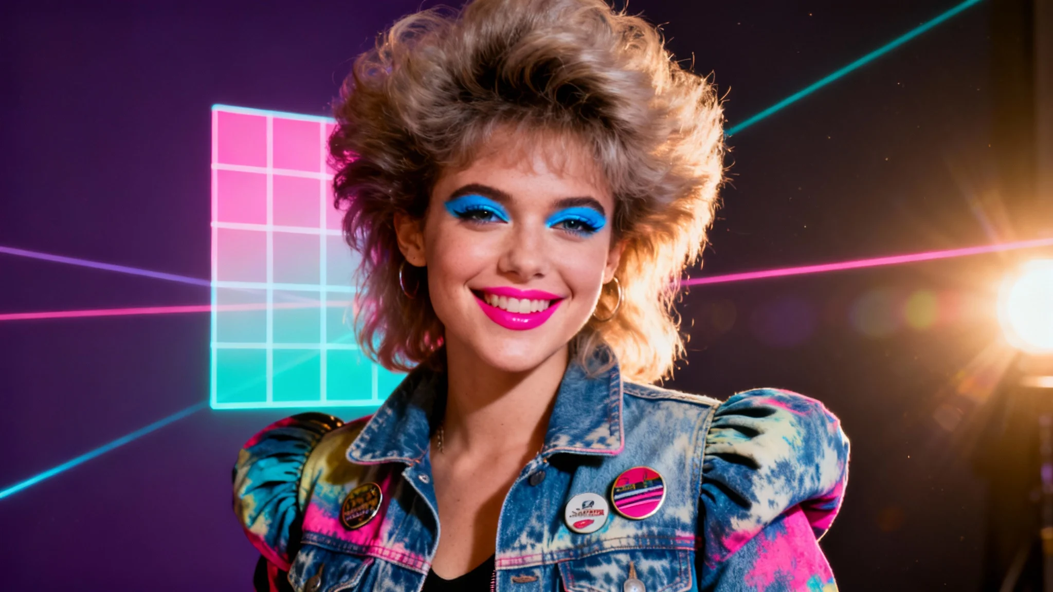 A polished 1980s-style studio portrait of a person with big hair and 80s fashion, posing against a dark background with iconic pink and teal laser grid effects.