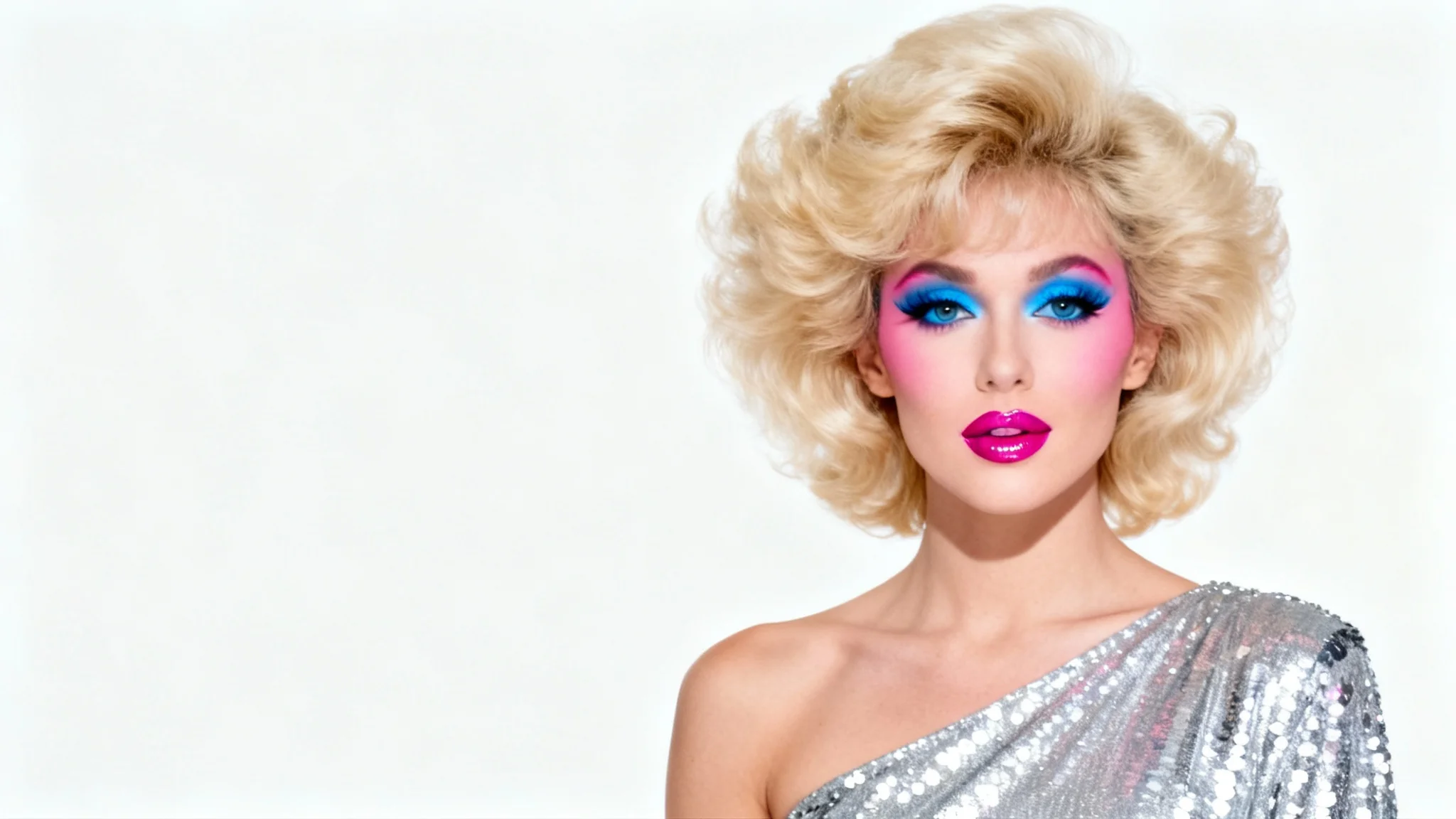 A quintessential 80s glamour portrait of a woman with big blonde hair, dramatic makeup, and a sequin top, presented against a plain white background.