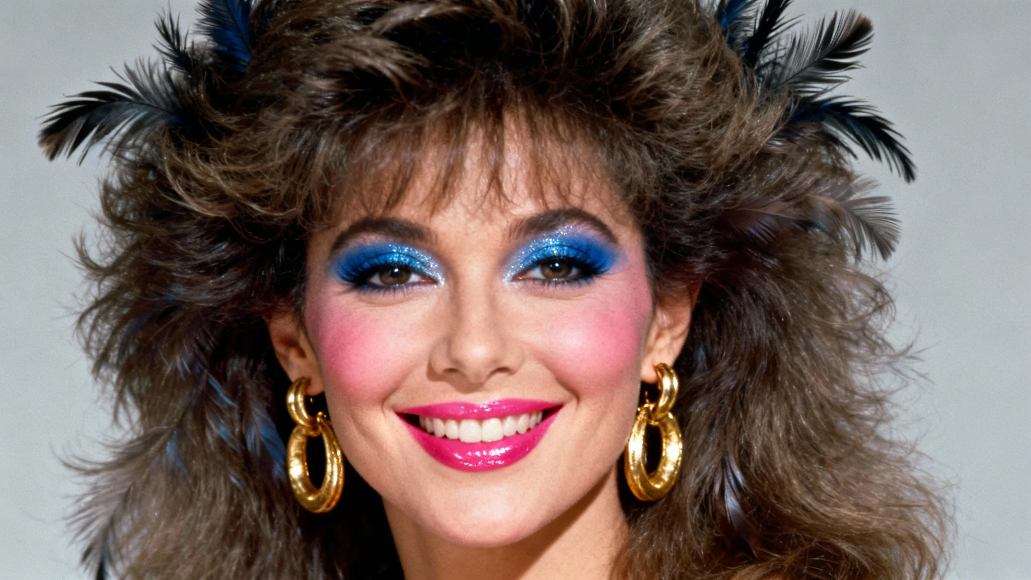 A mockup of an 80s portrait, showing a woman with big feathered hair, bold makeup, and large earrings against a plain light grey background.