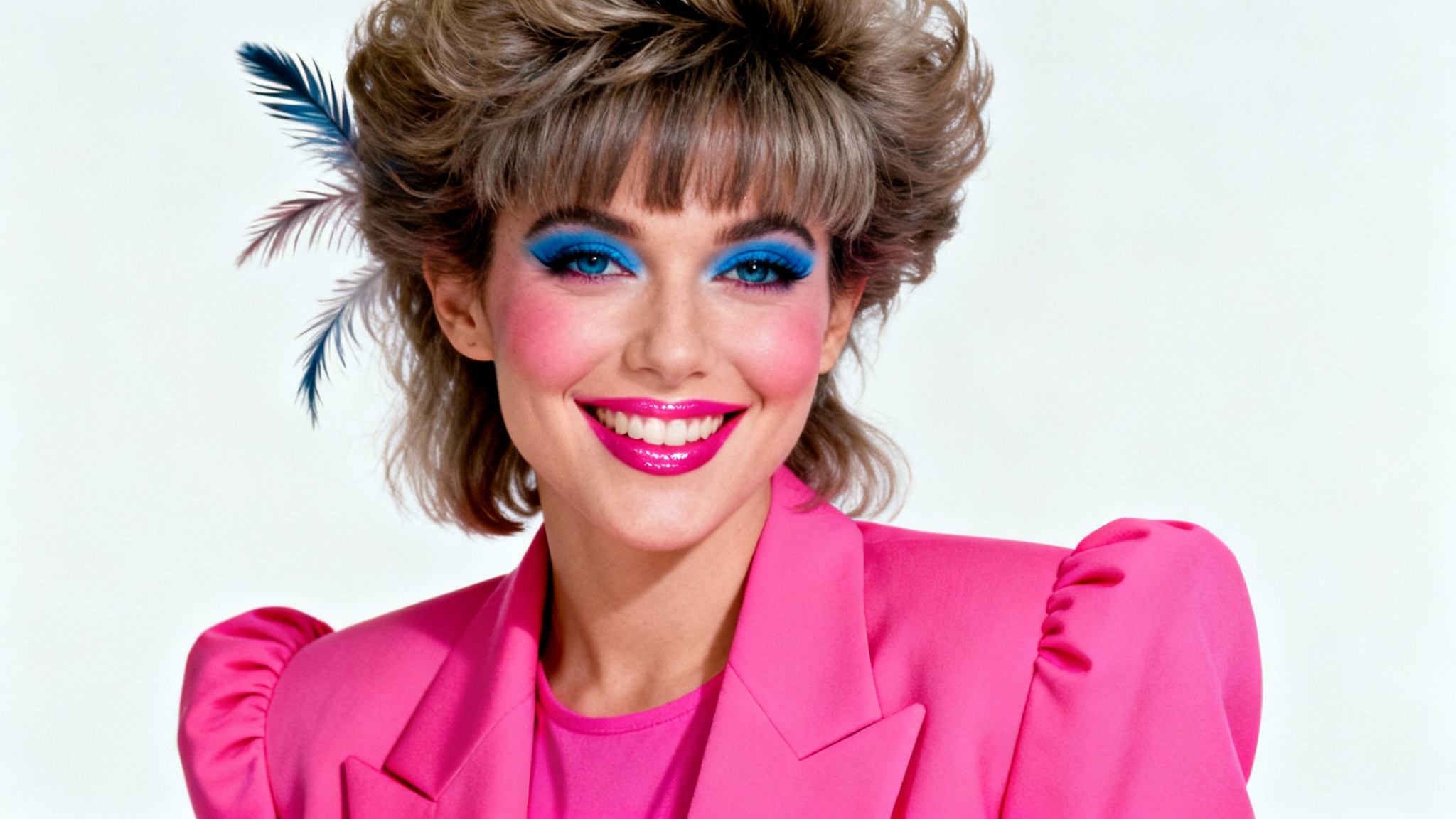A vibrant 80s-style portrait of a smiling woman with big hair and bold makeup, wearing a neon pink blazer against a clean white background.
