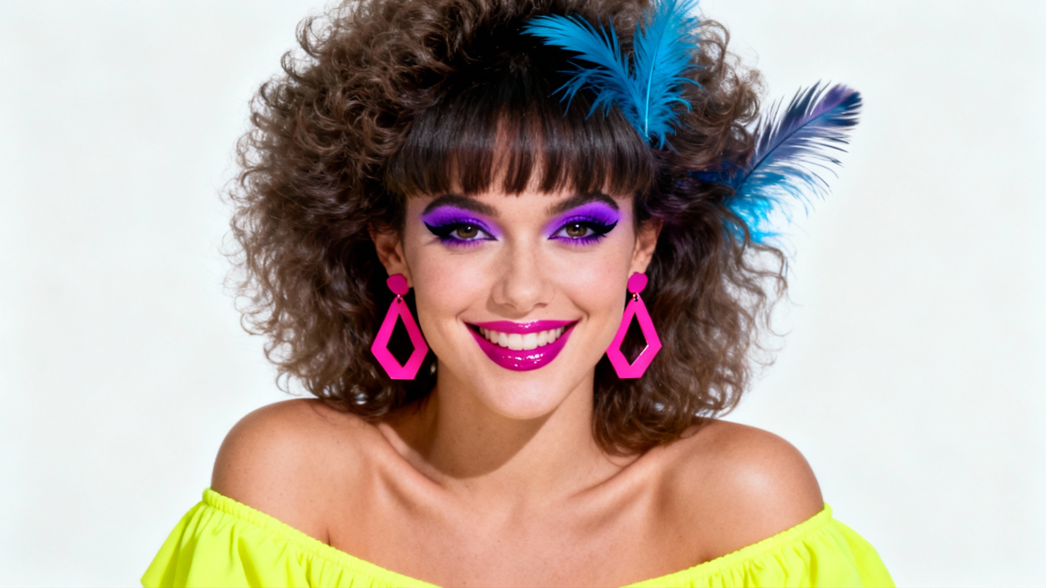 A classic 80s style studio portrait of a woman with big hair, neon clothes, and bold makeup, set against a mottled blue and gray backdrop.
