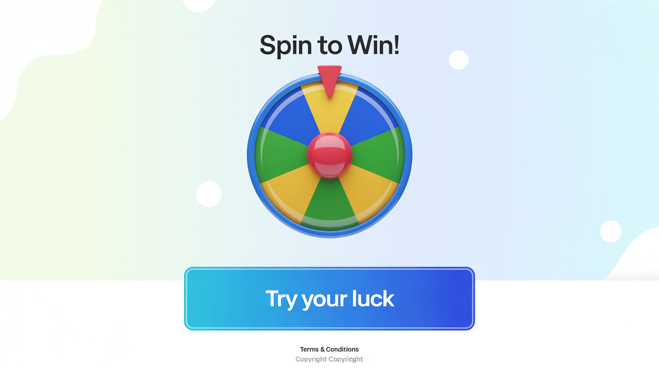 A professional website banner in a 16:9 aspect ratio, featuring a large, glossy 3D prize wheel icon at its center. The banner has the headline 'Spin to Win!' in bold text and a 'TRY YOUR LUCK' call-to-action button, all set against a clean, light blue gradient background, representing a finished design for a promotion.