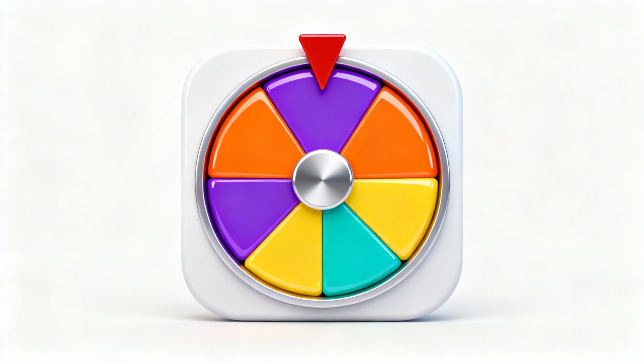 A colorful 3D icon of a prize wheel with multiple segments and a red pointer at the top, set against a white background.