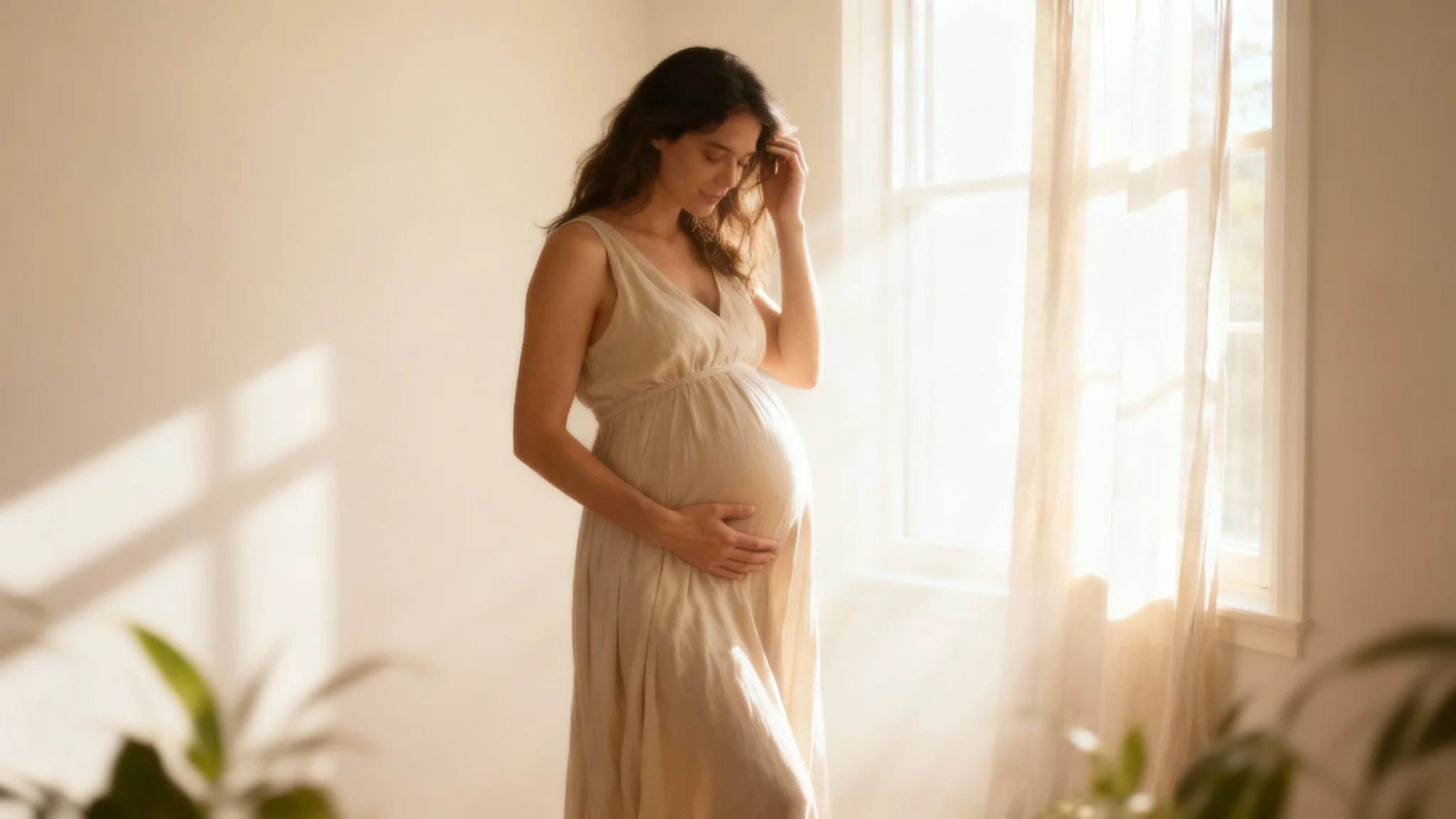 A professional, full-body maternity photograph of a serene pregnant woman in a sunlit room, wearing a flowing white dress and gently holding her belly. The photo is expertly composed with soft, beautiful lighting.