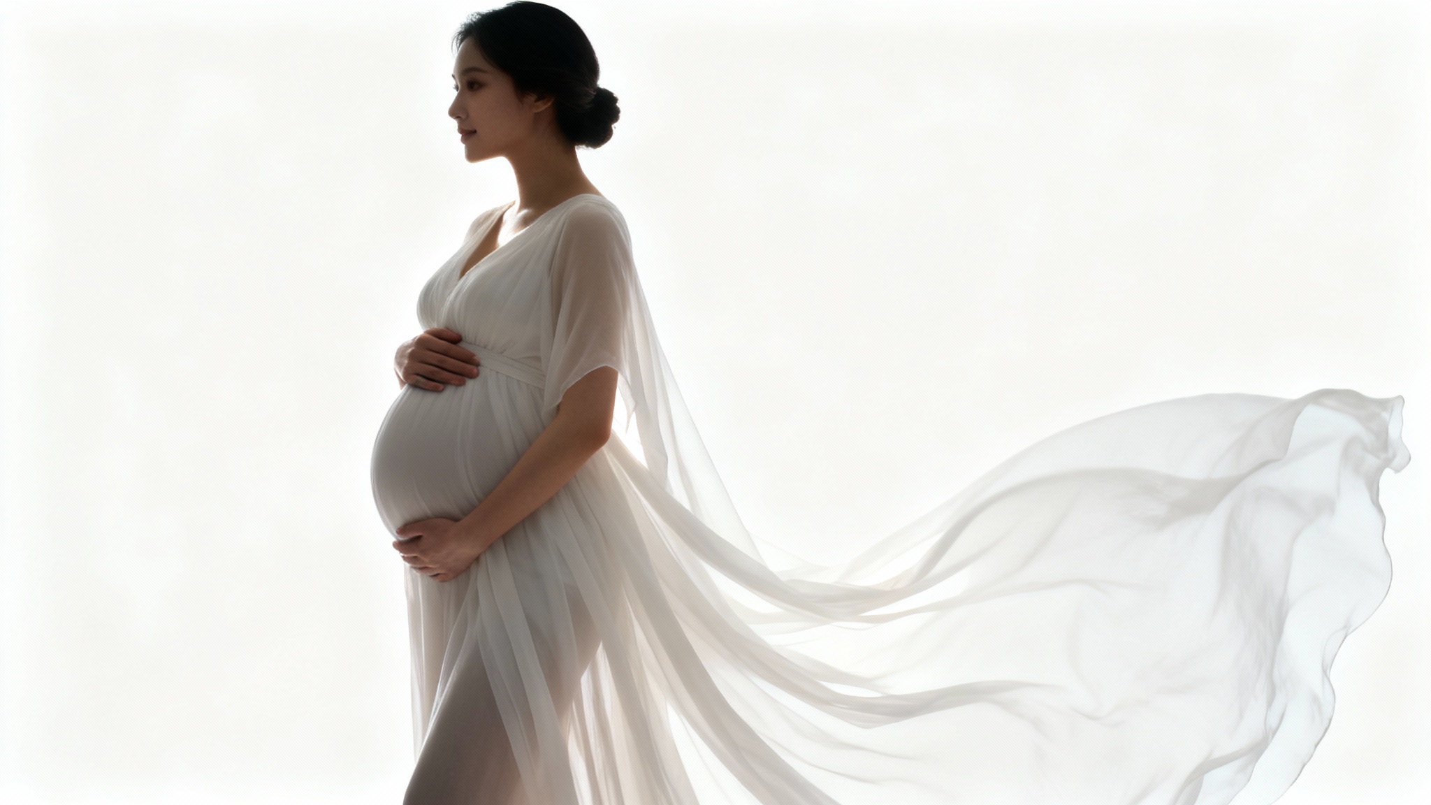 A serene pregnant woman in a flowing white dress posing against a clean white background for a maternity photoshoot, her hands lovingly holding her belly.
