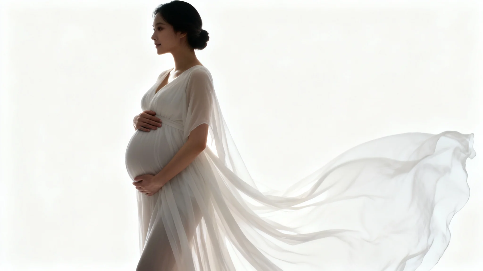 A serene pregnant woman in a flowing white dress posing against a clean white background for a maternity photoshoot, her hands lovingly holding her belly.