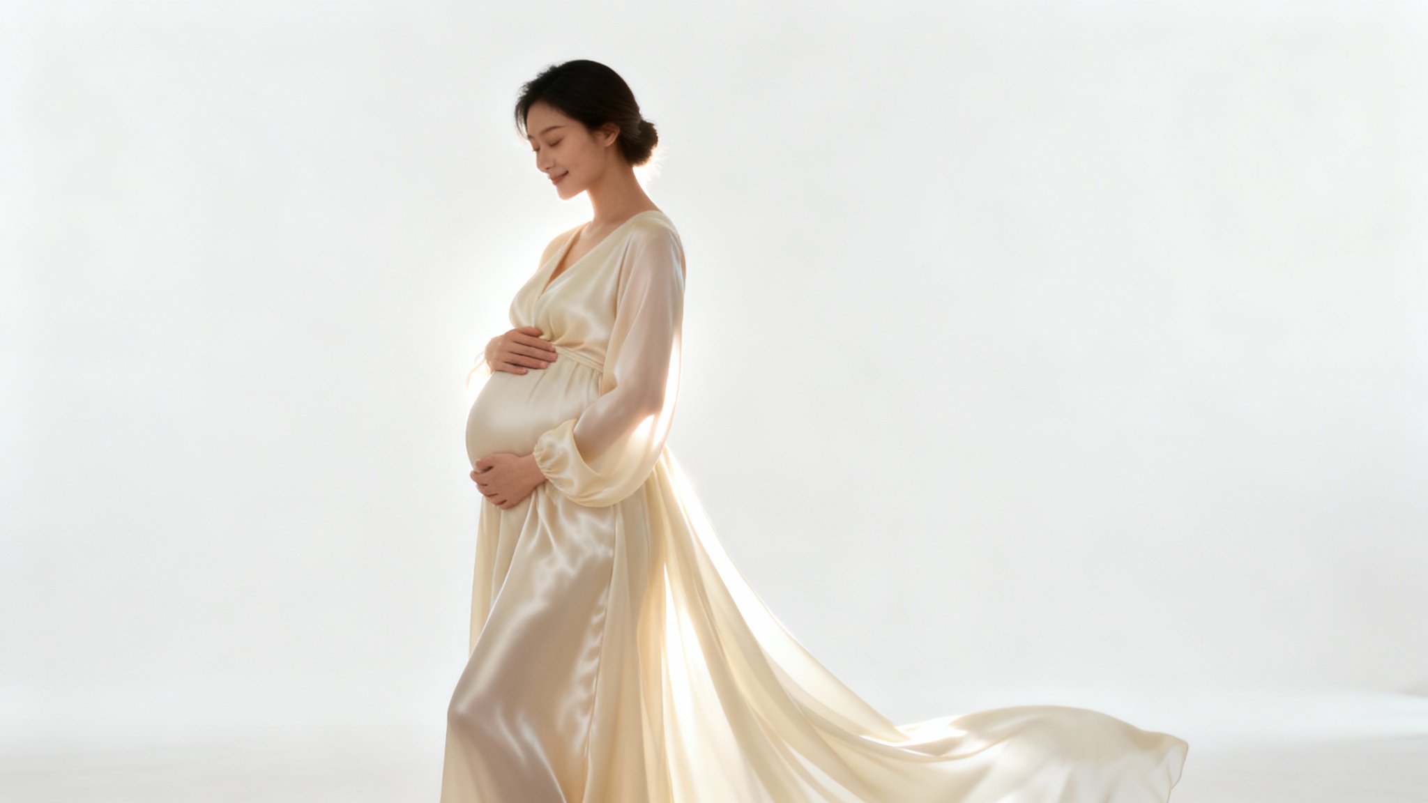 A photorealistic image of a pregnant woman in a beautiful maternity pose, wearing a long cream gown and lovingly holding her belly against a clean white studio background.