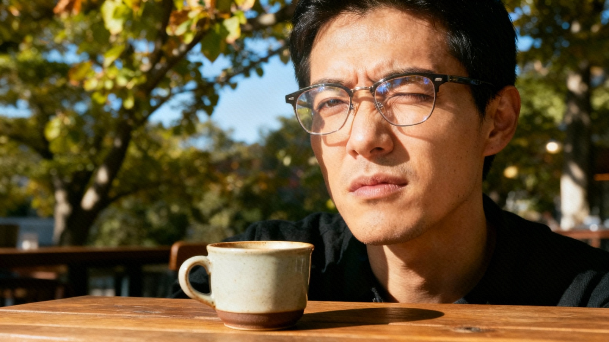 A crystal-clear photograph of a person wearing glasses at an outdoor cafe, with the glare completely removed from their lenses, showing their eyes perfectly.