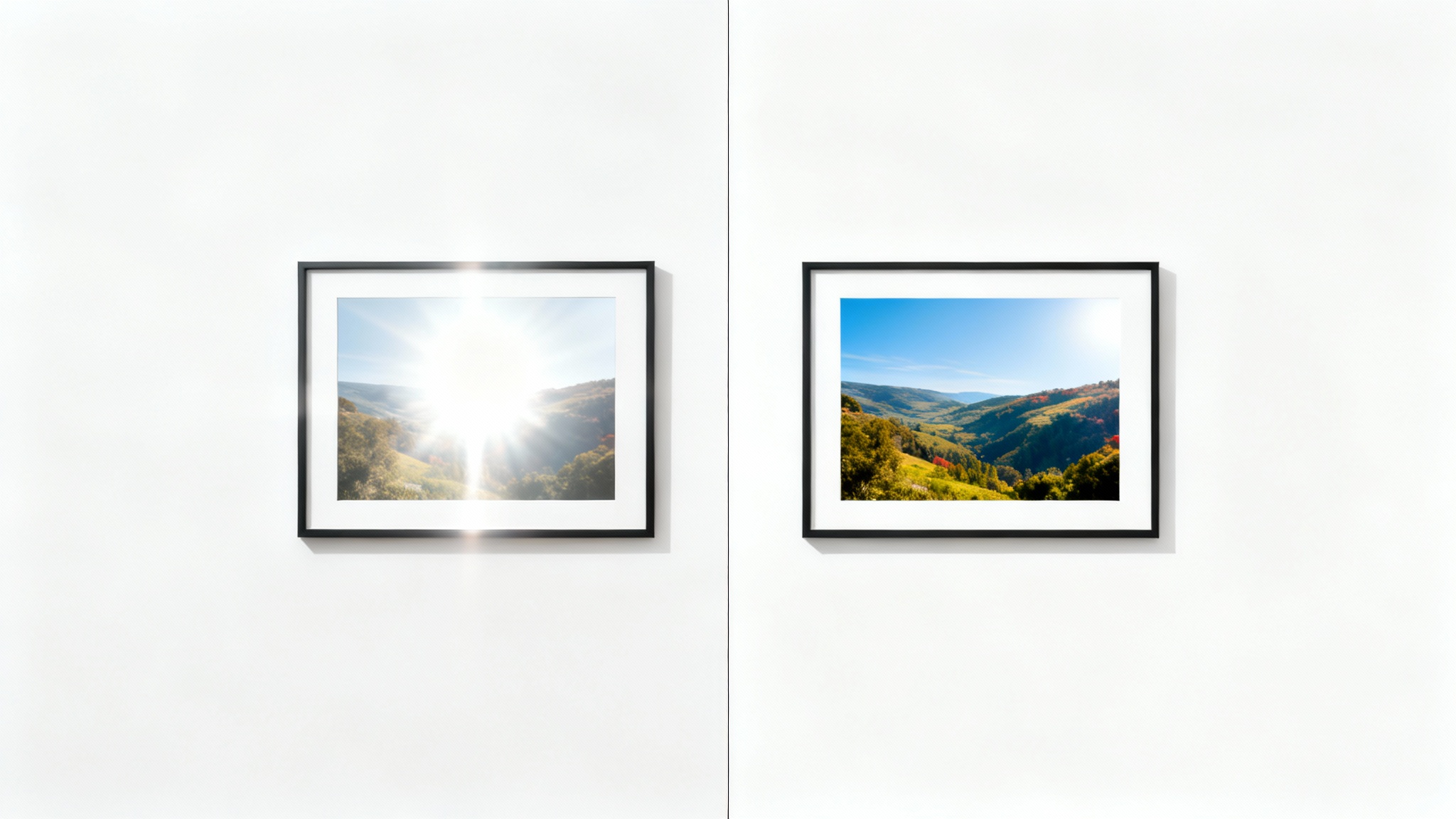 A before-and-after image demonstrating a glare removal feature. The left side shows a framed photo with a bright, reflective glare, while the right side shows the same photo with the glare removed, making the image perfectly clear.