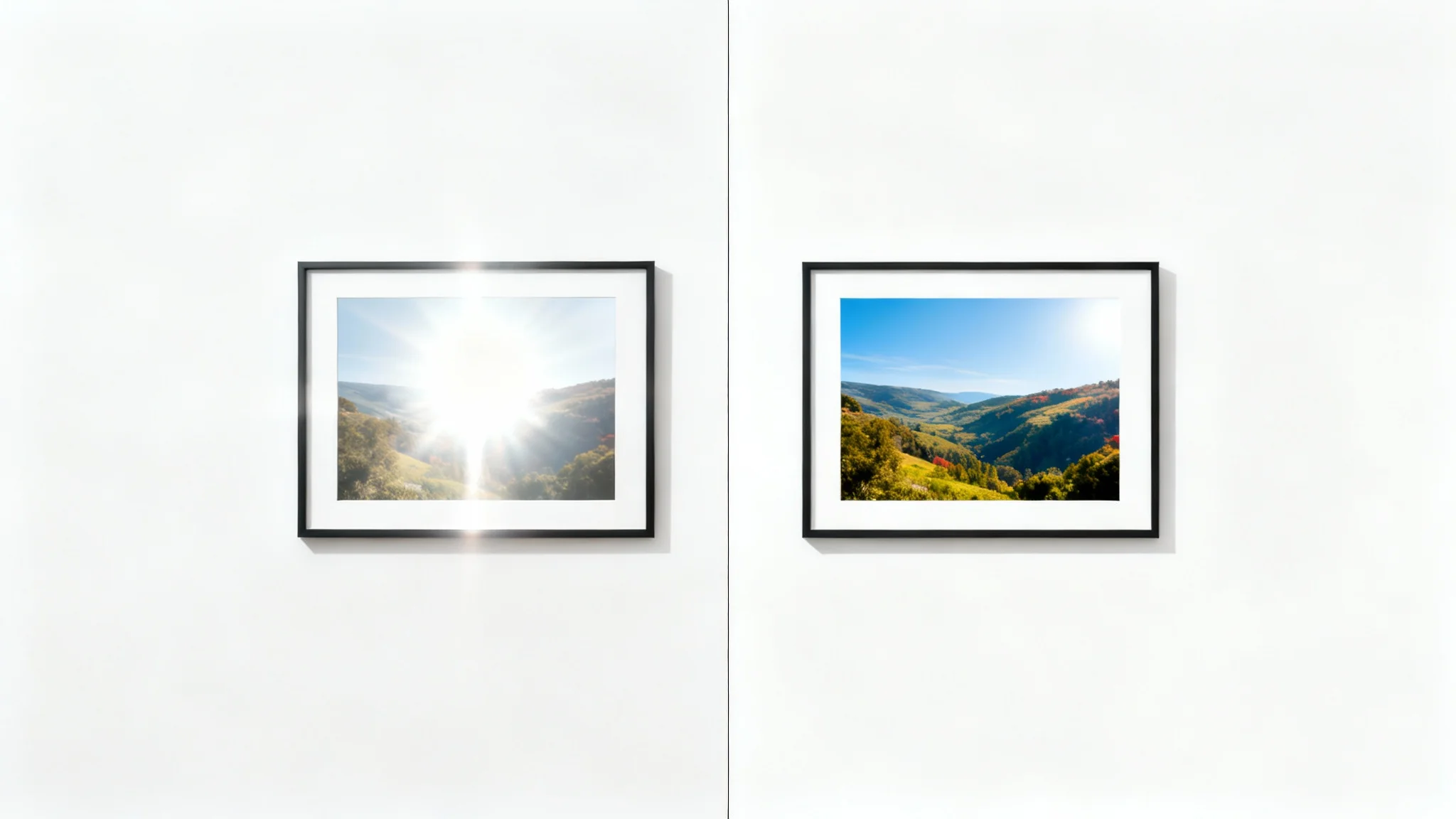 A before-and-after image demonstrating a glare removal feature. The left side shows a framed photo with a bright, reflective glare, while the right side shows the same photo with the glare removed, making the image perfectly clear.