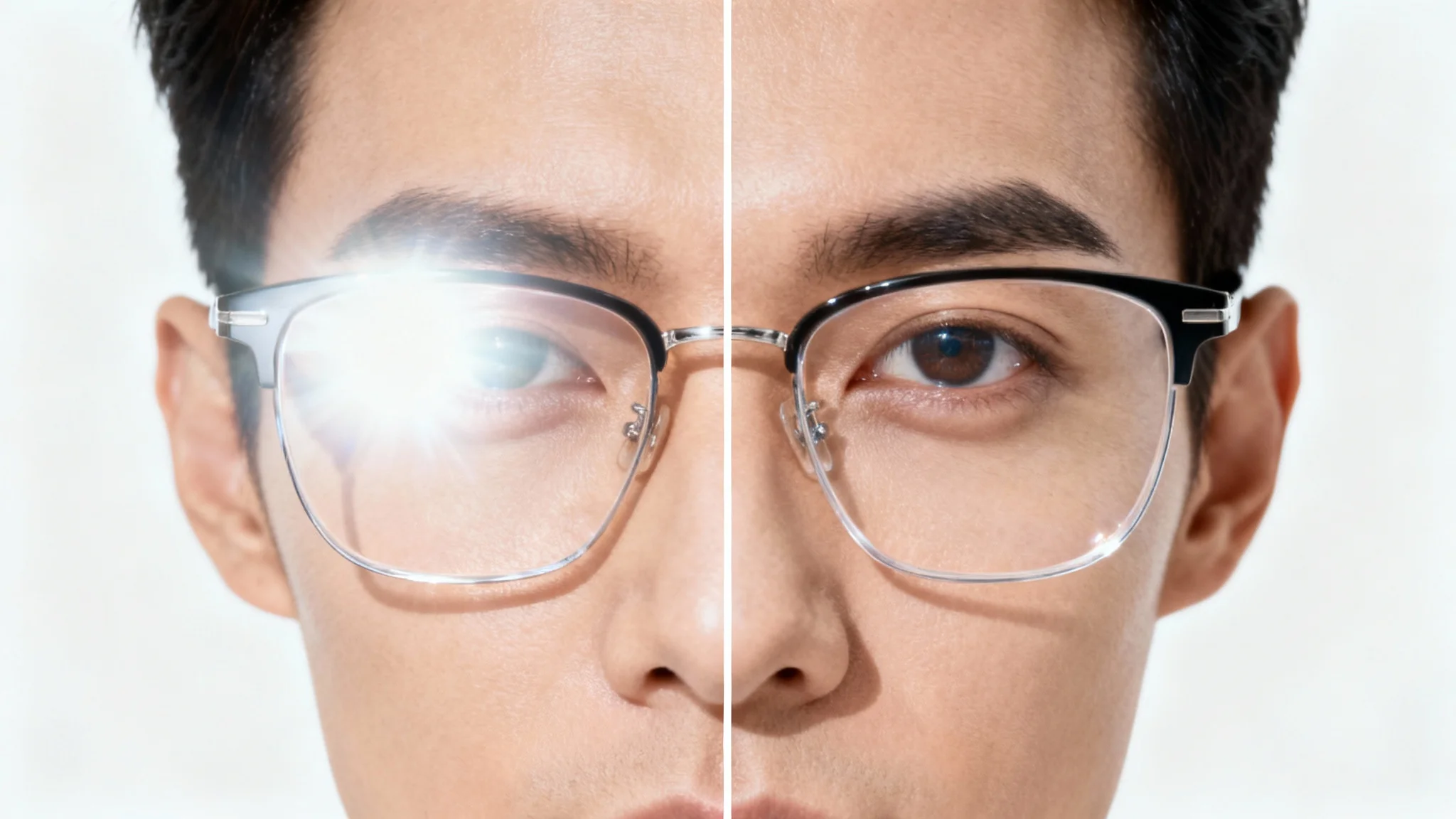 A split-screen image demonstrating a 'remove glare' feature. The left side shows a portrait of a person with a heavy glare on their glasses, hiding their eyes. The right side shows the same portrait with the glare removed, revealing clear eyes.