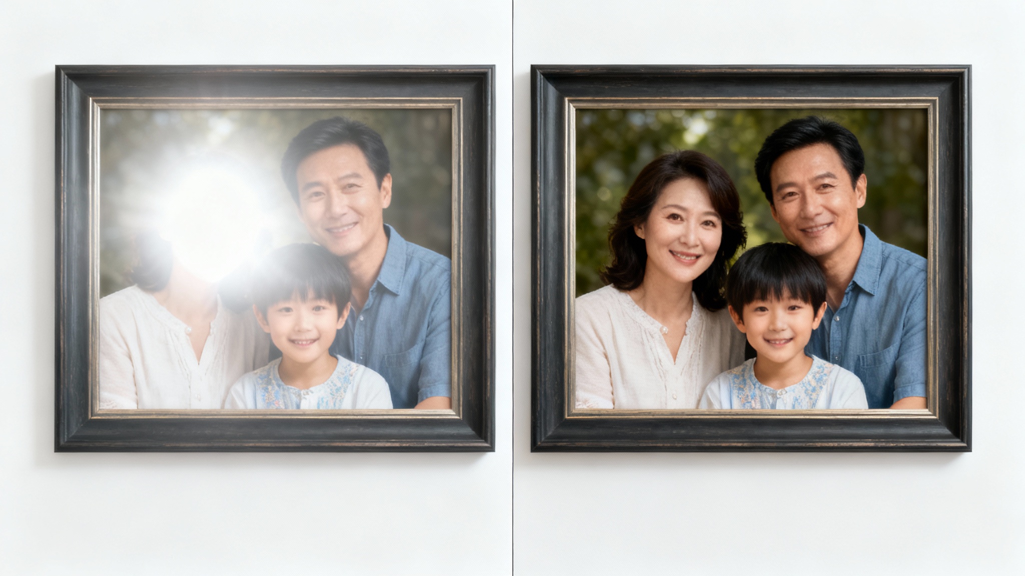 A before-and-after comparison image demonstrating glare removal. The left half shows a framed photo with a strong glare, and the right half shows the same photo with the glare removed, making it perfectly clear.