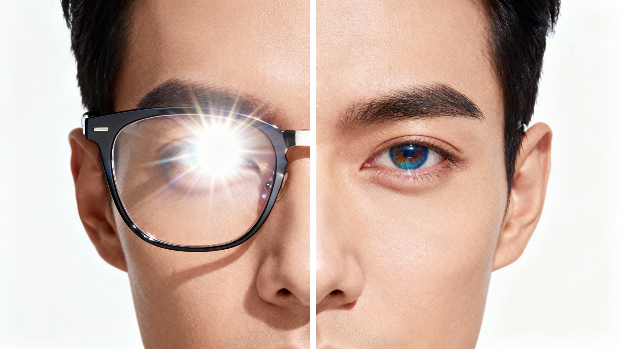 A before-and-after image showing the removal of glare from a photo of a person wearing glasses. The left side is obscured by glare, and the right side is perfectly clear.