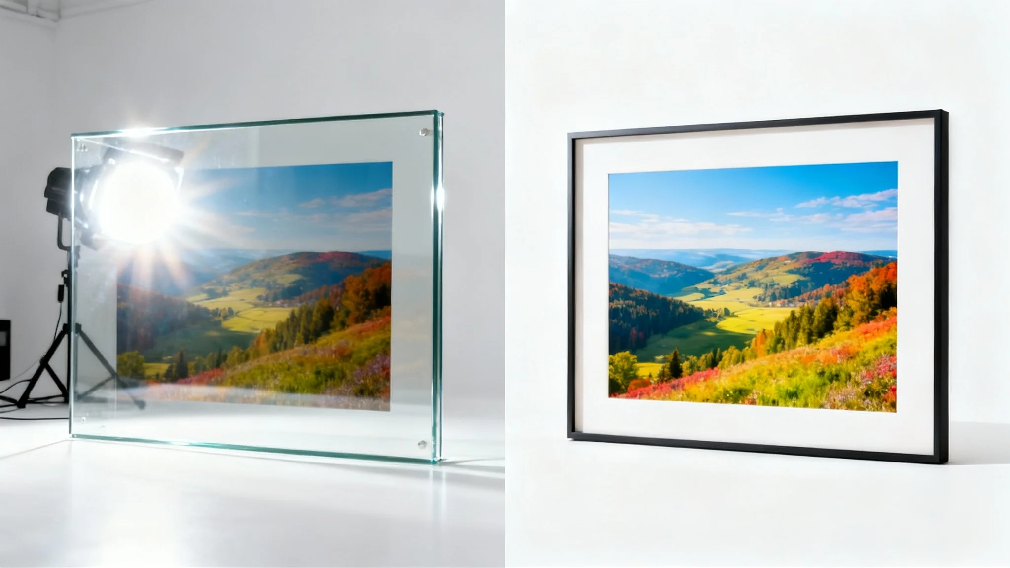 A split-screen comparison showing a framed photo with heavy glare on the left, and the same photo with the glare removed and colors restored on the right.