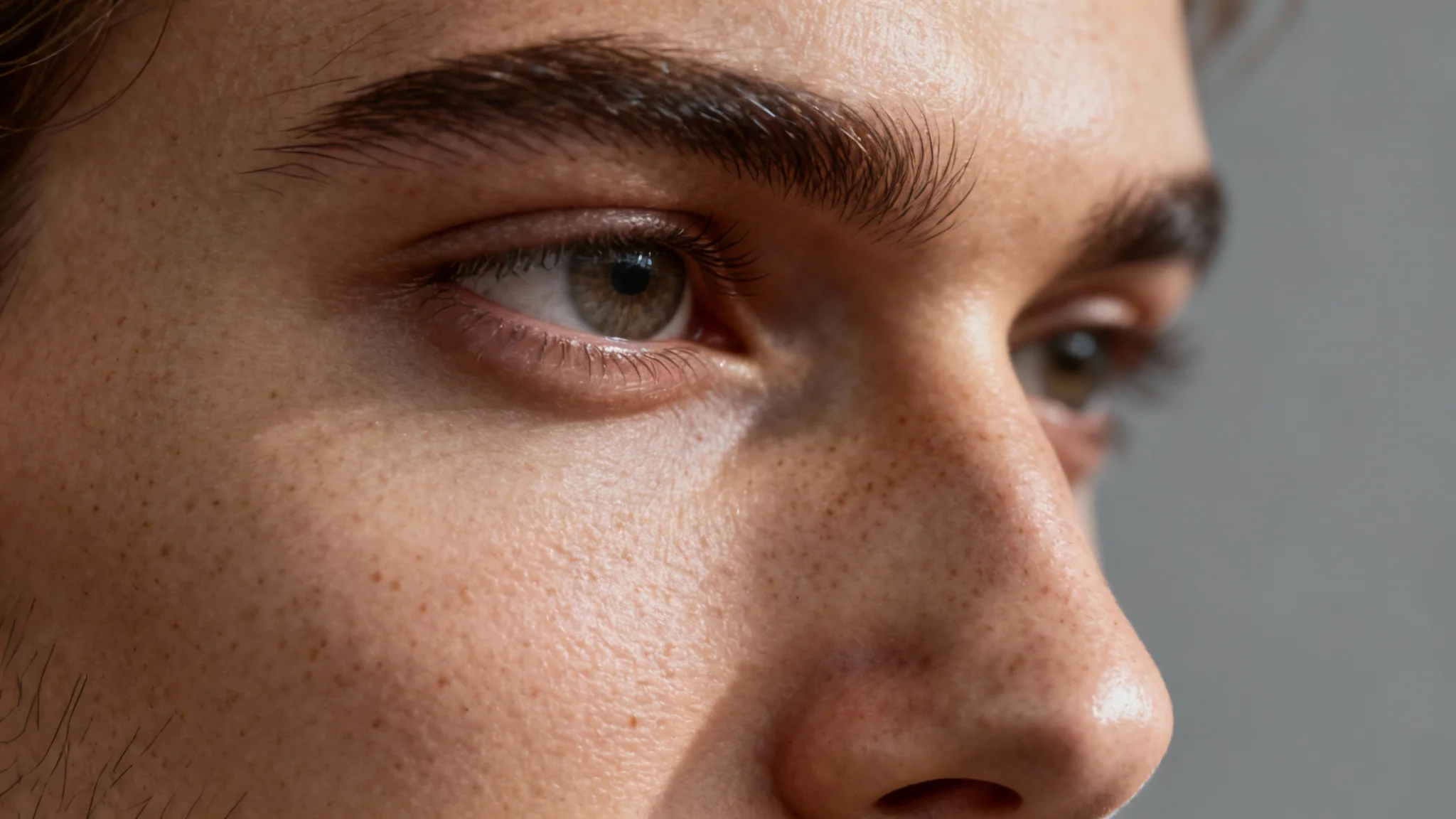 An extreme close-up studio photograph of a face, showcasing a hyper-realistic and detailed skin texture overlay with visible pores and fine hairs under dramatic lighting.