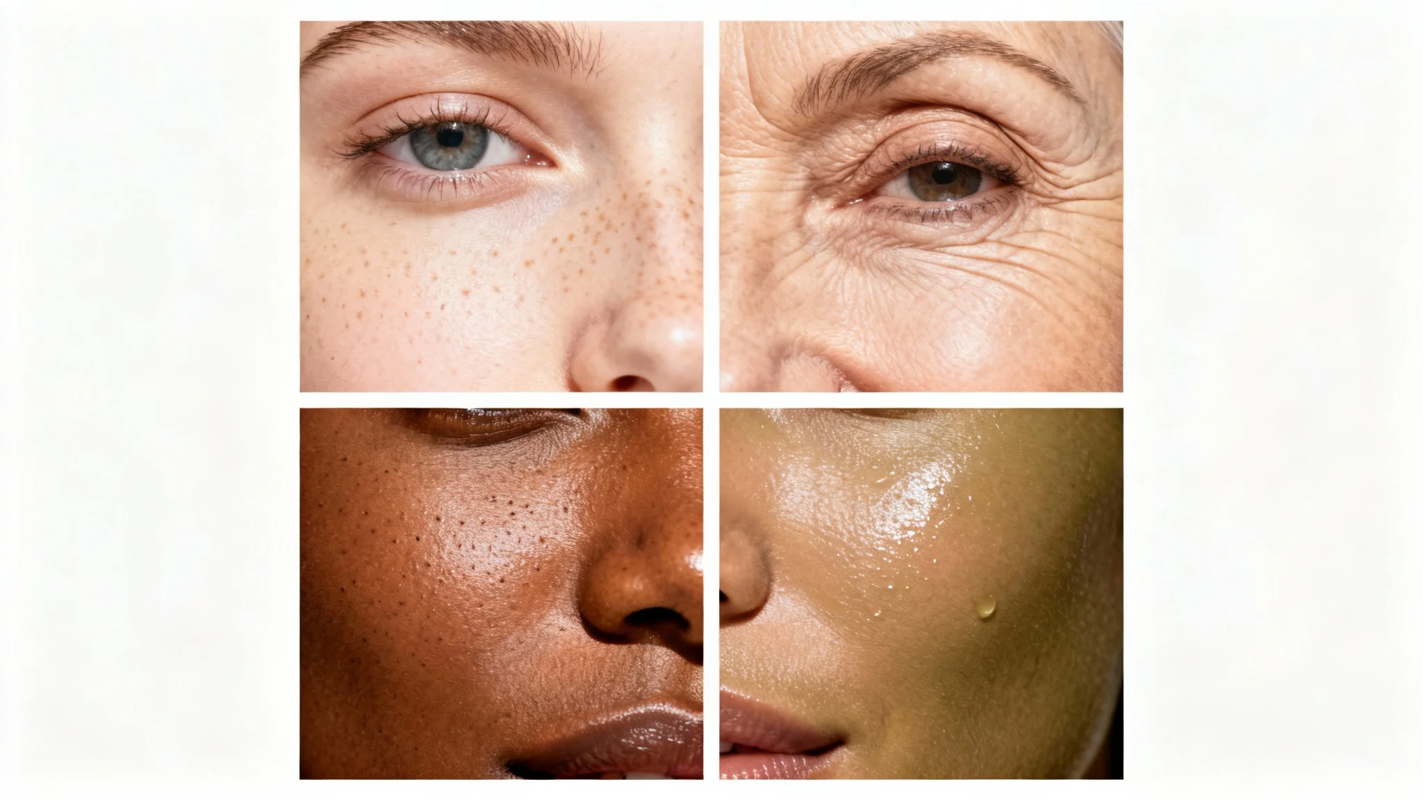 A collage of four ultra-macro photos showing different human skin textures: skin with freckles, skin with wrinkles, skin with visible pores, and smooth, dewy skin.