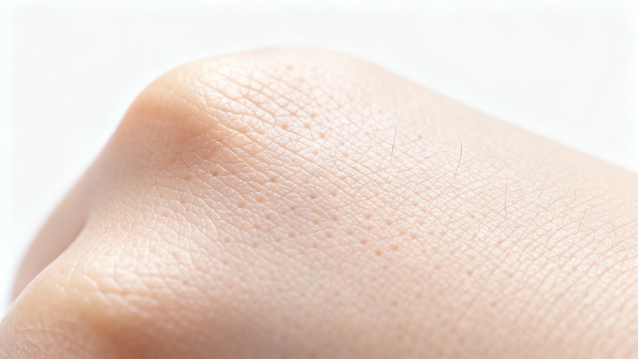 A hyper-realistic macro close-up of human skin, showcasing detailed pores and fine texture against a clean white background.