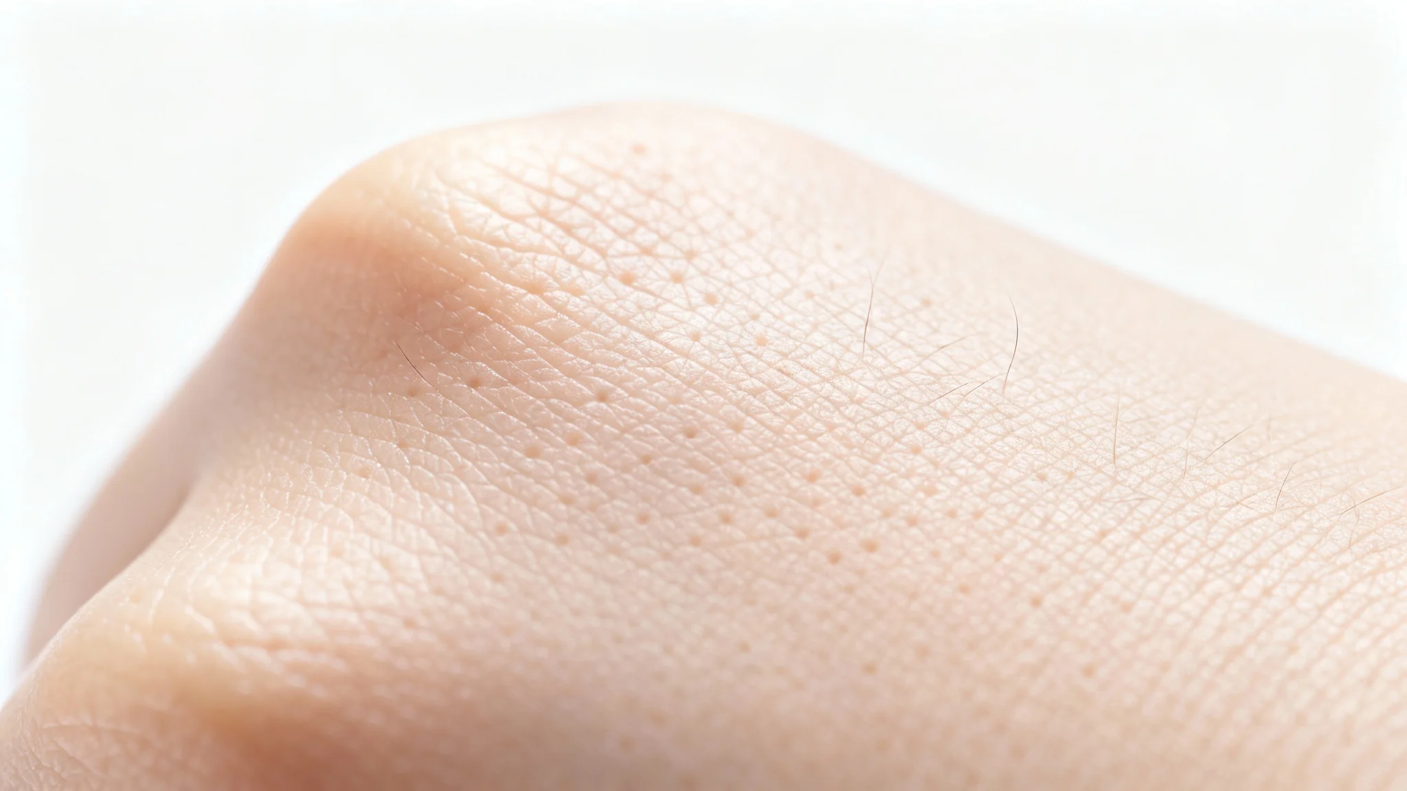 A hyper-realistic macro close-up of human skin, showcasing detailed pores and fine texture against a clean white background.