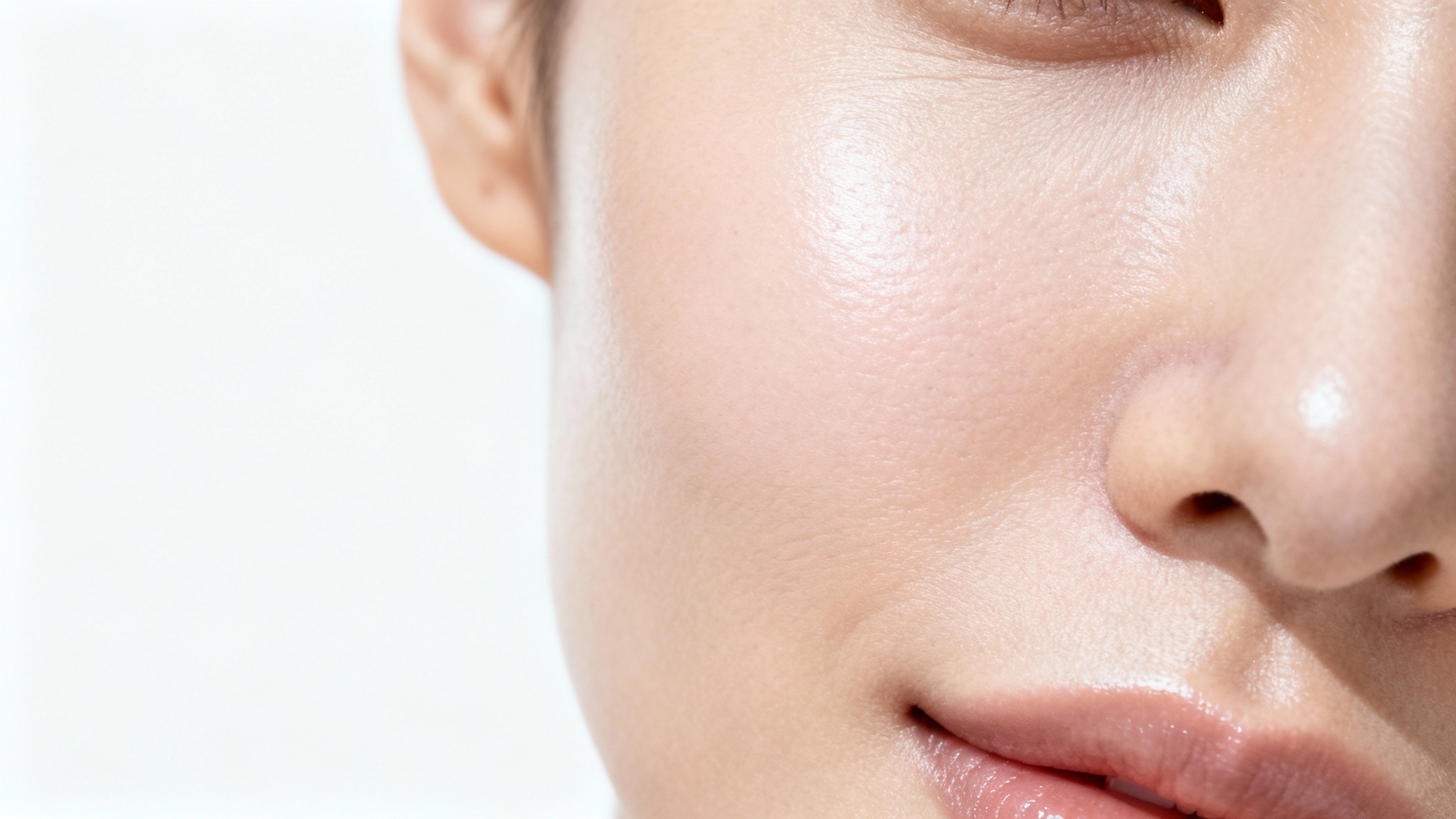 A hyper-realistic macro photograph displaying the intricate and healthy texture of human skin against a clean white background.
