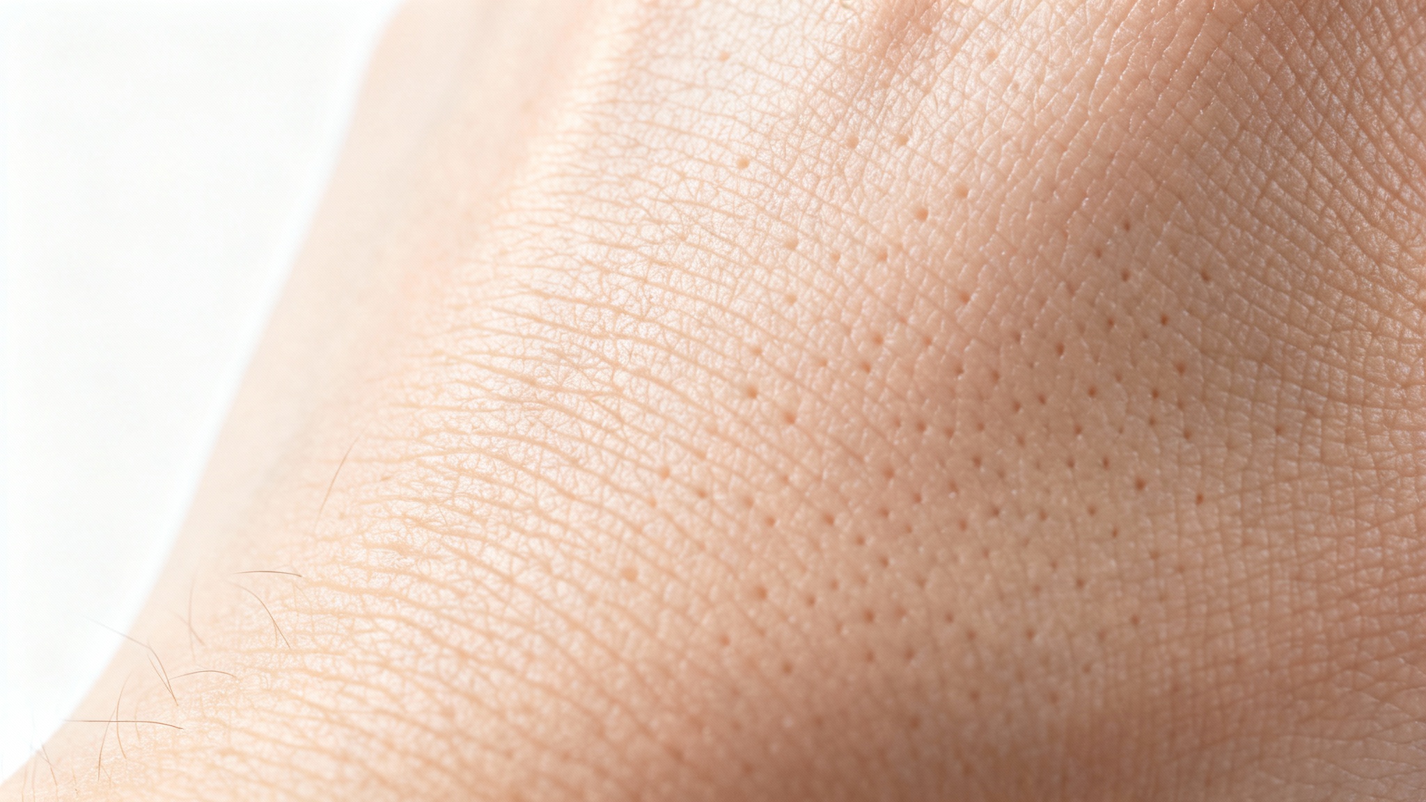 A hyper-realistic, macro photograph of human skin texture, highlighting pores and fine lines, set against a clean white background.