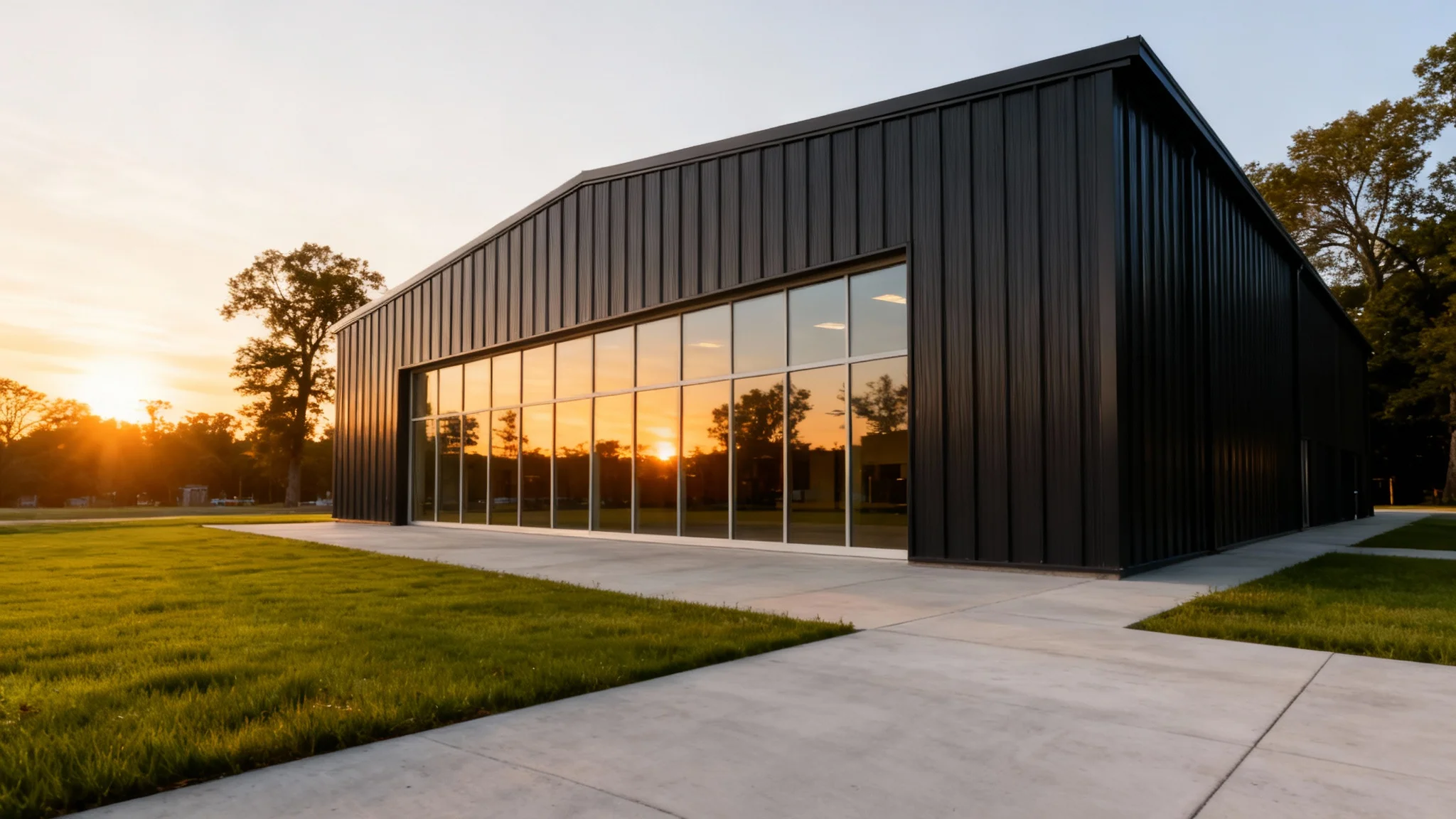 A photorealistic hero image of a modern, high-end metal building with large glass windows at sunset, showcasing a professional architectural design.