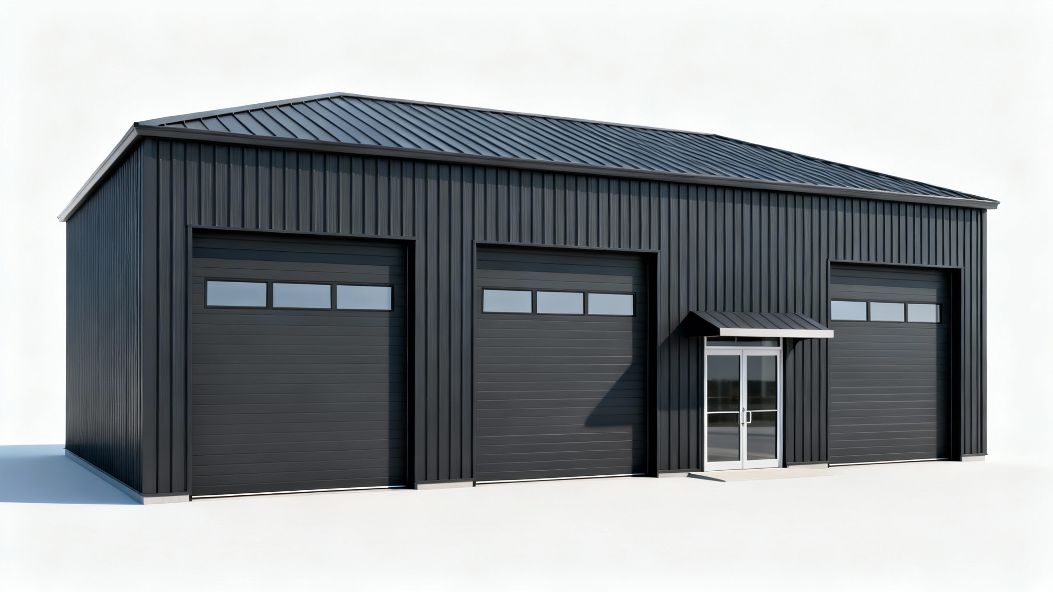 A professional mockup of a modern dark gray metal commercial building with three roll-up doors, shown on a clean white background.