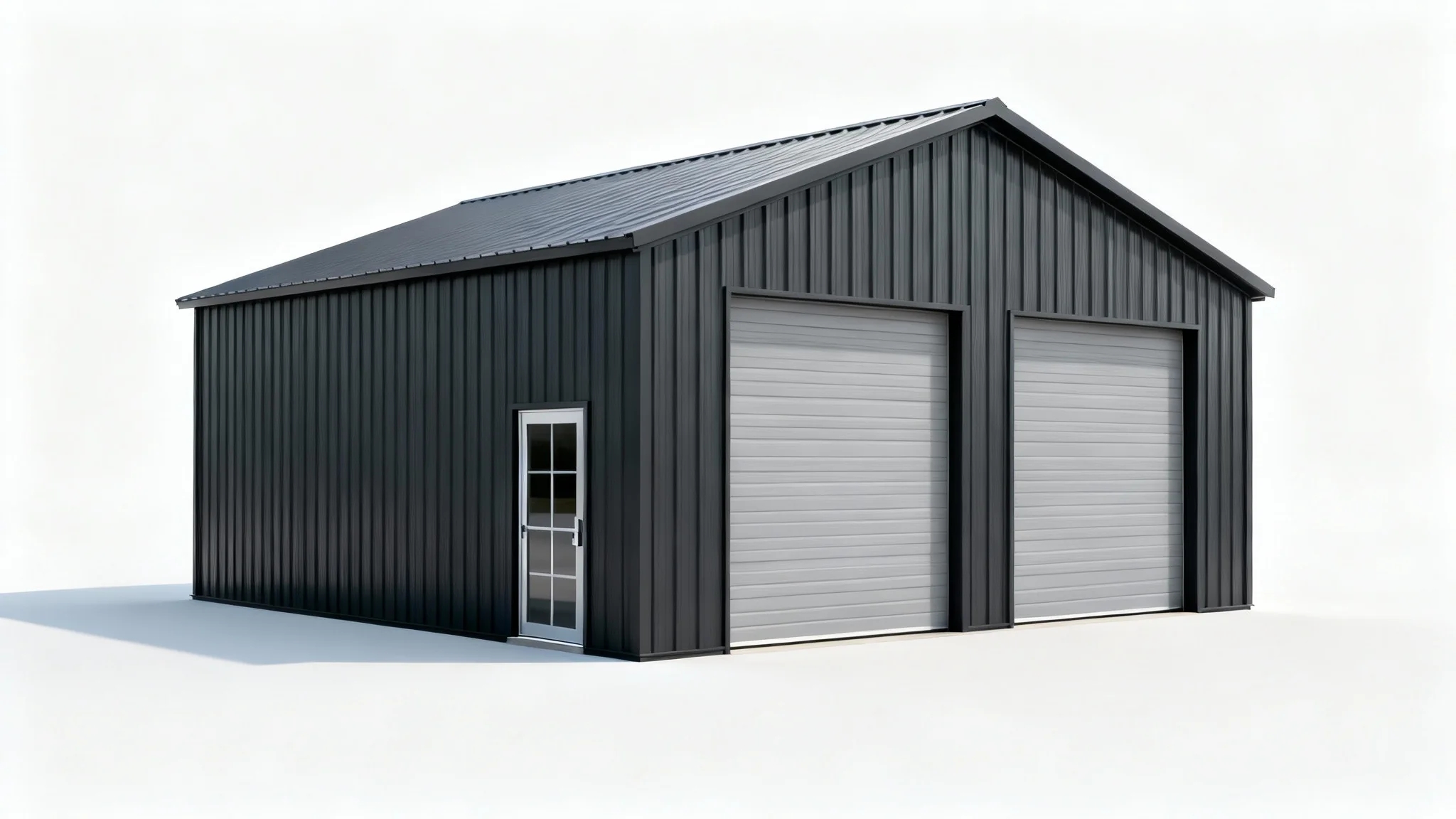 A professional mockup of a modern, dark gray metal building with two large garage doors, presented against a stark white background.