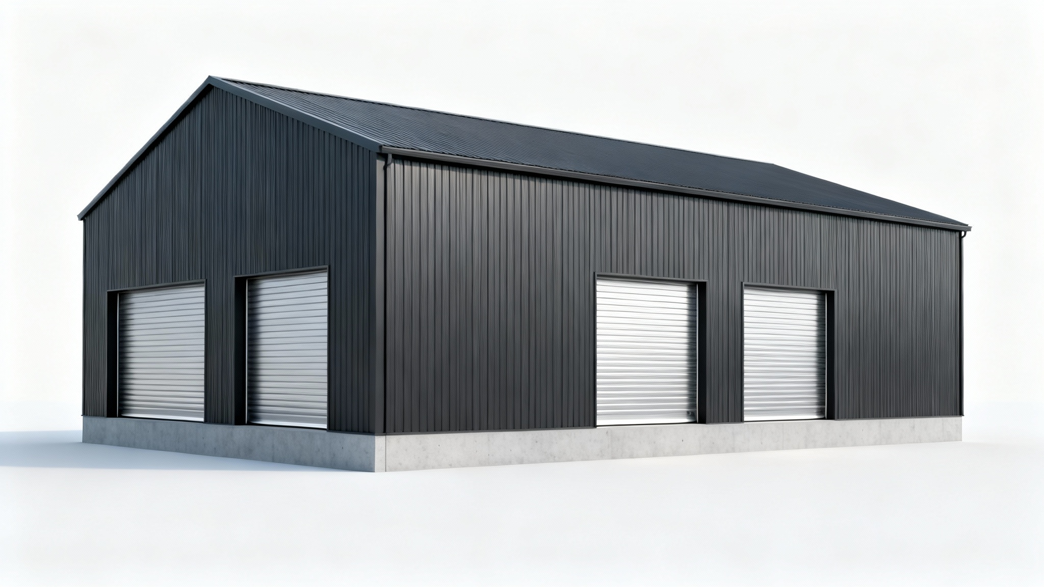 A high-quality mockup of a modern, dark gray metal building with three silver garage doors, presented on a clean white background.