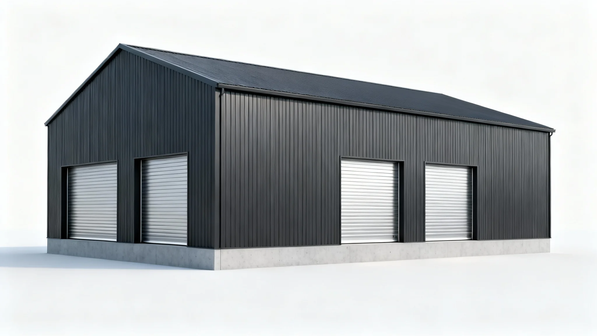 A high-quality mockup of a modern, dark gray metal building with three silver garage doors, presented on a clean white background.