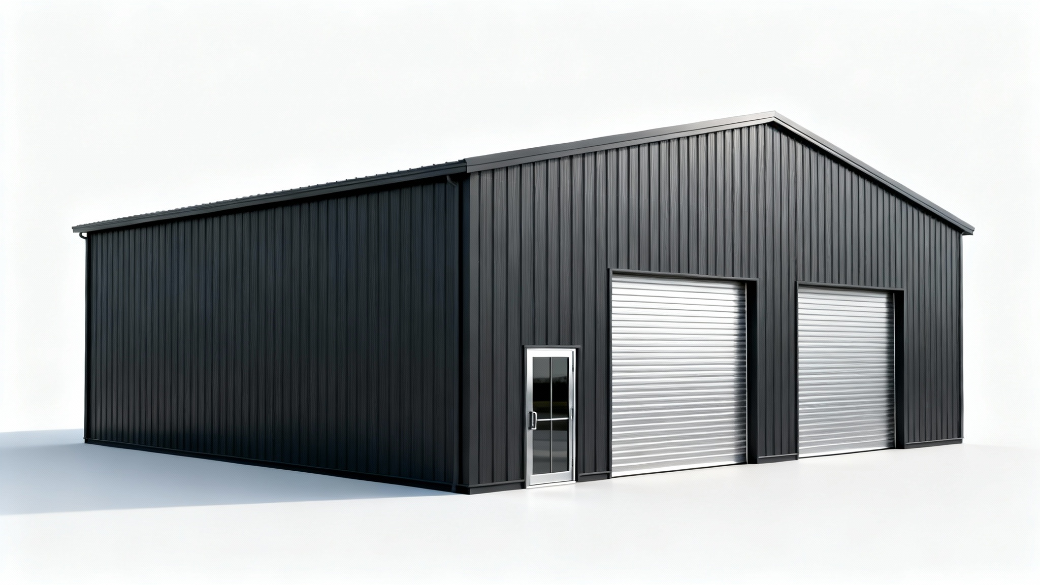A modern, dark gray prefabricated metal building with large silver roll-up doors, presented as a high-quality product mockup on a clean white background.