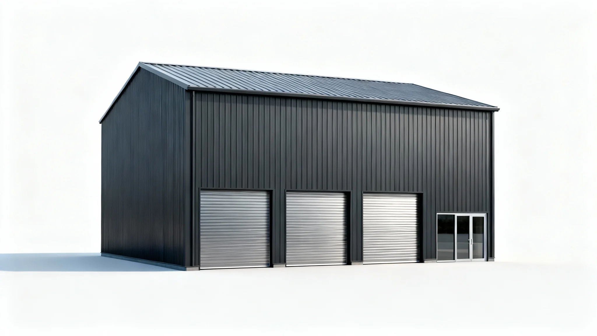 A photorealistic mockup of a modern, dark gray metal building with three large roll-up doors, shown against a plain white background.