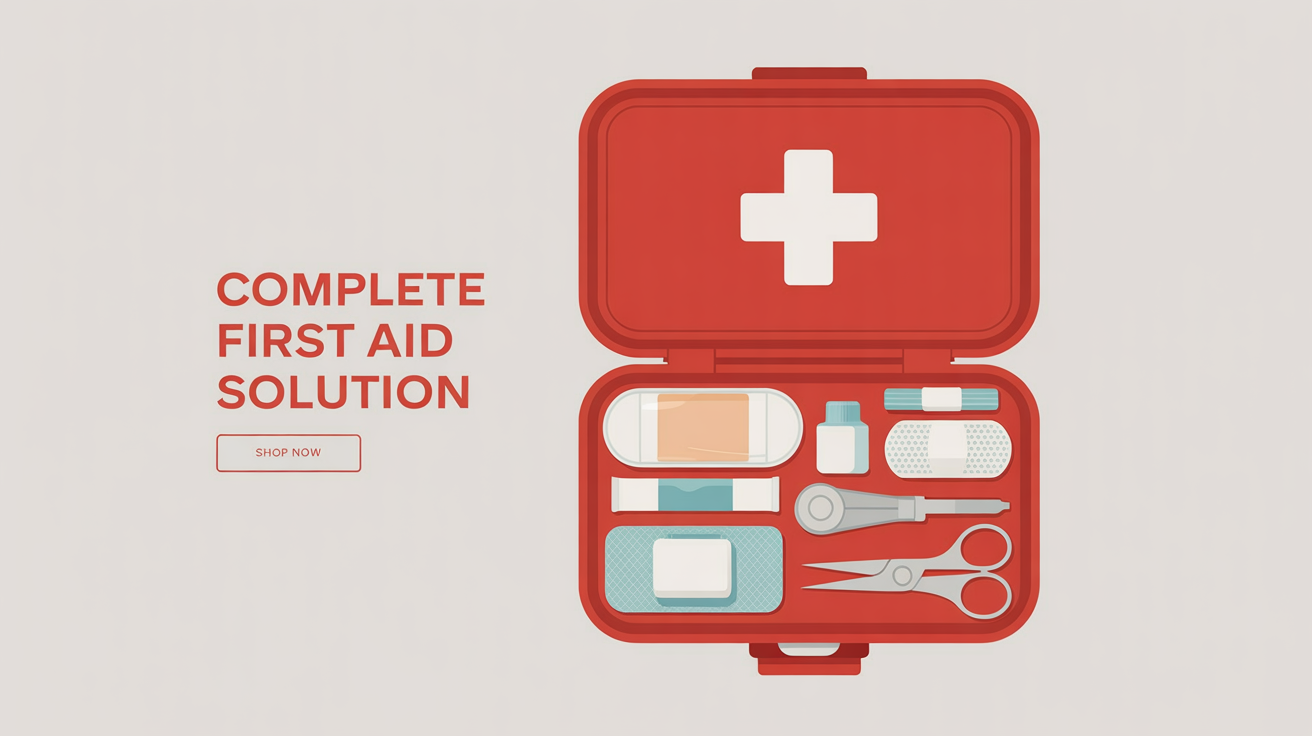 A hero image showcasing a professional website design for a first aid kit. A transparent illustration of the open kit is placed perfectly on the page, demonstrating the result of a background removal tool.