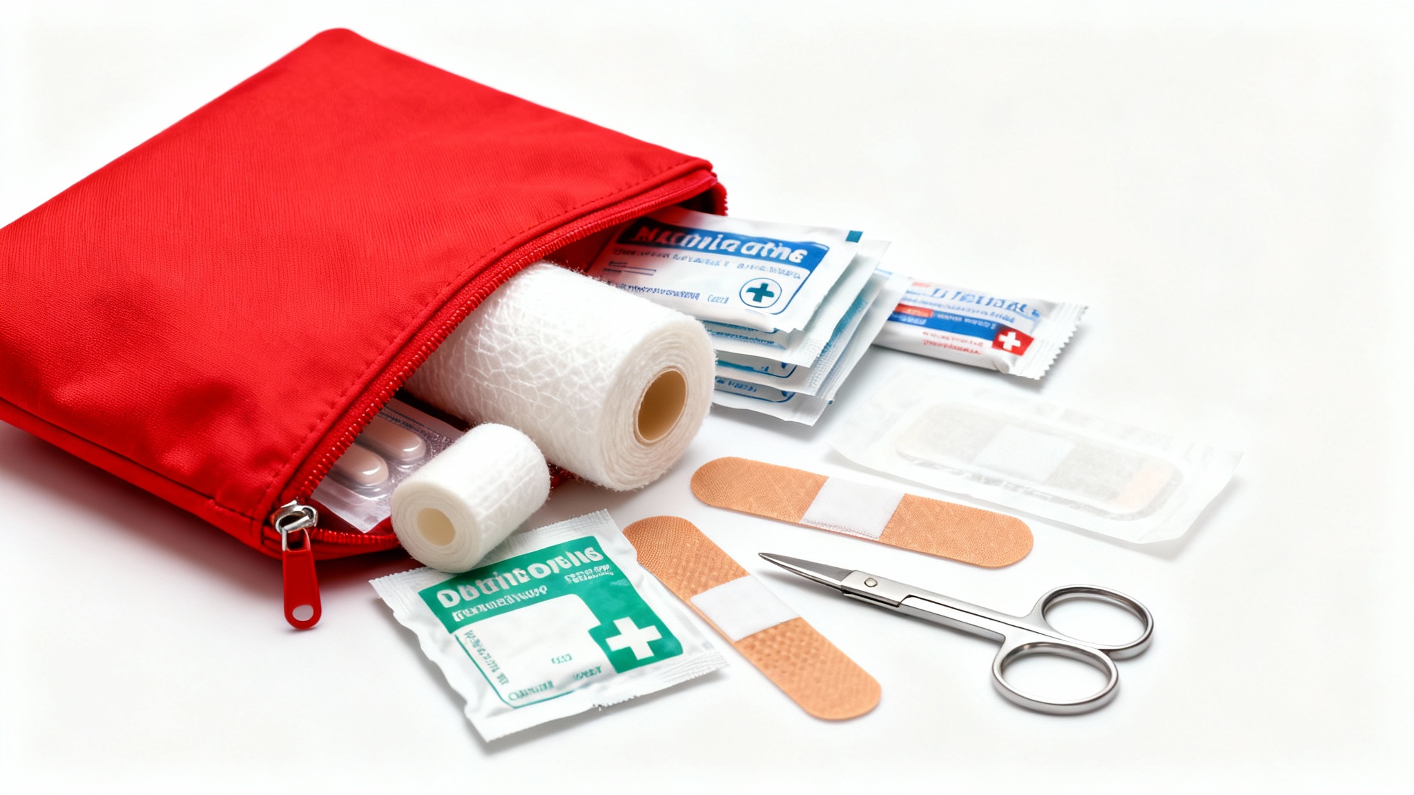 A modern, red fabric first aid kit shown on a white background, with the zipper slightly open and various supplies like bandages, plasters, and scissors neatly spilling out.