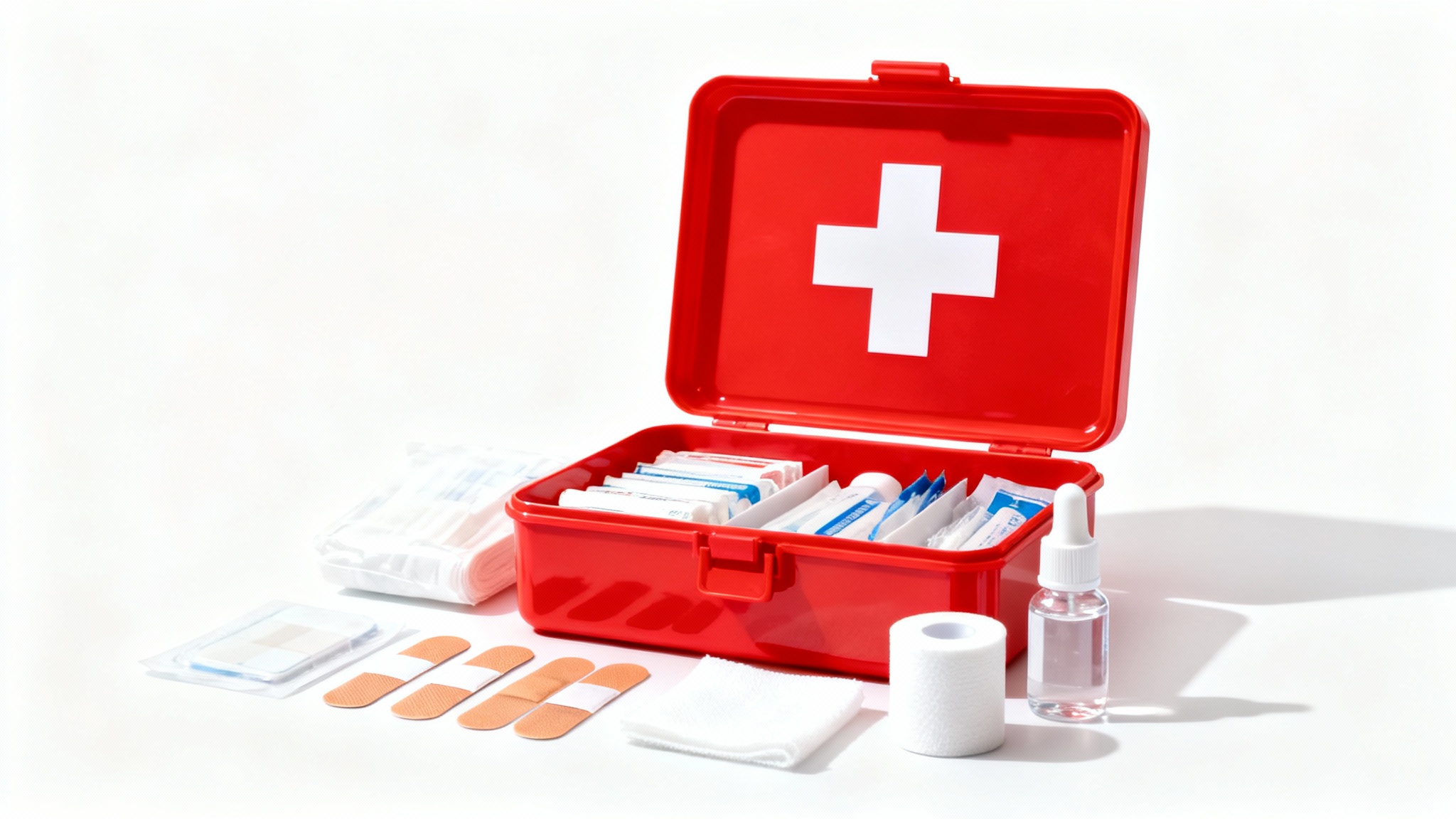 A red first aid kit with a white cross symbol, displayed on a plain white background with some supplies like bandages and gauze neatly arranged in front of it.